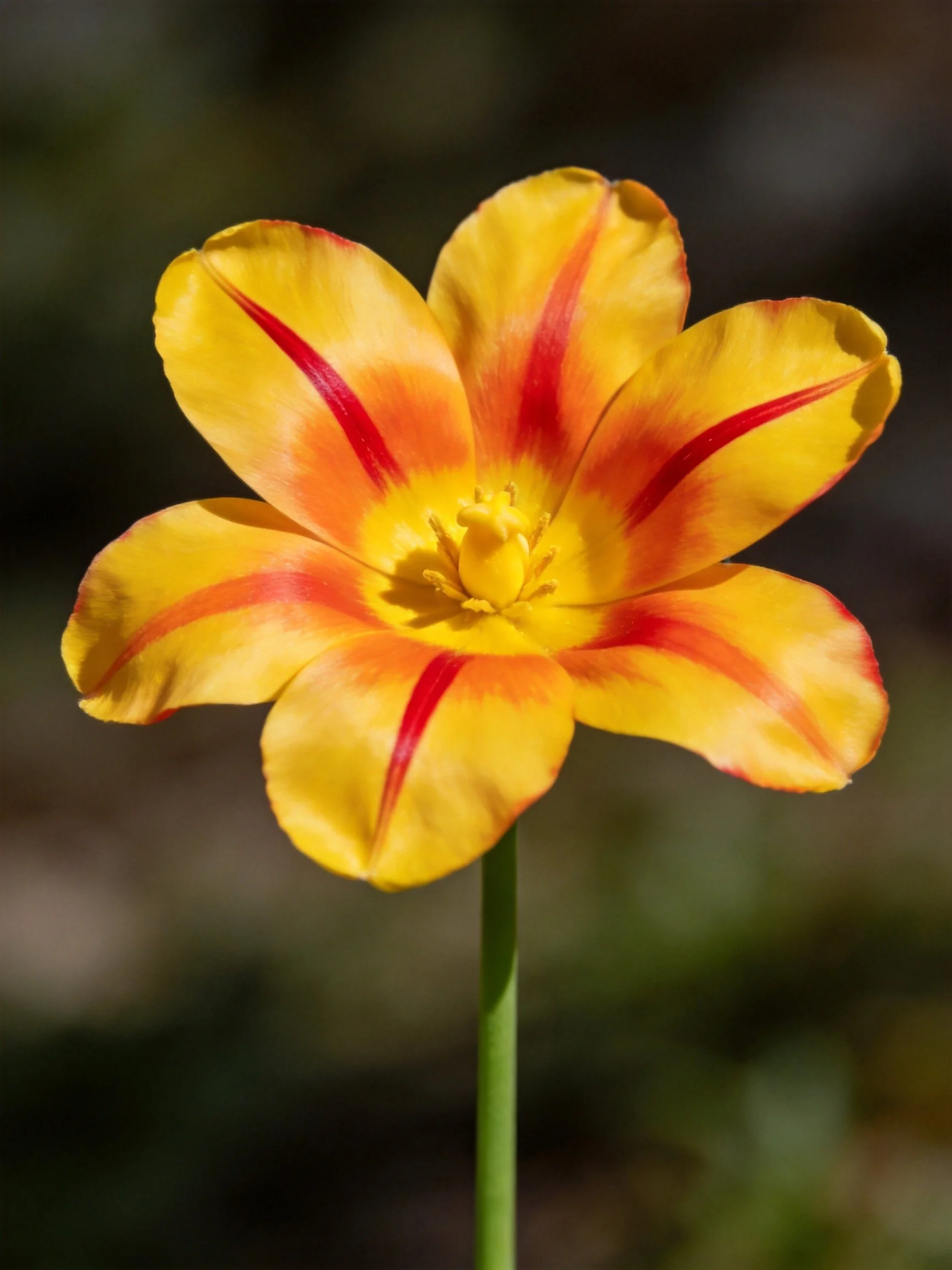 A vibrant yellow tulip with bold red stripes