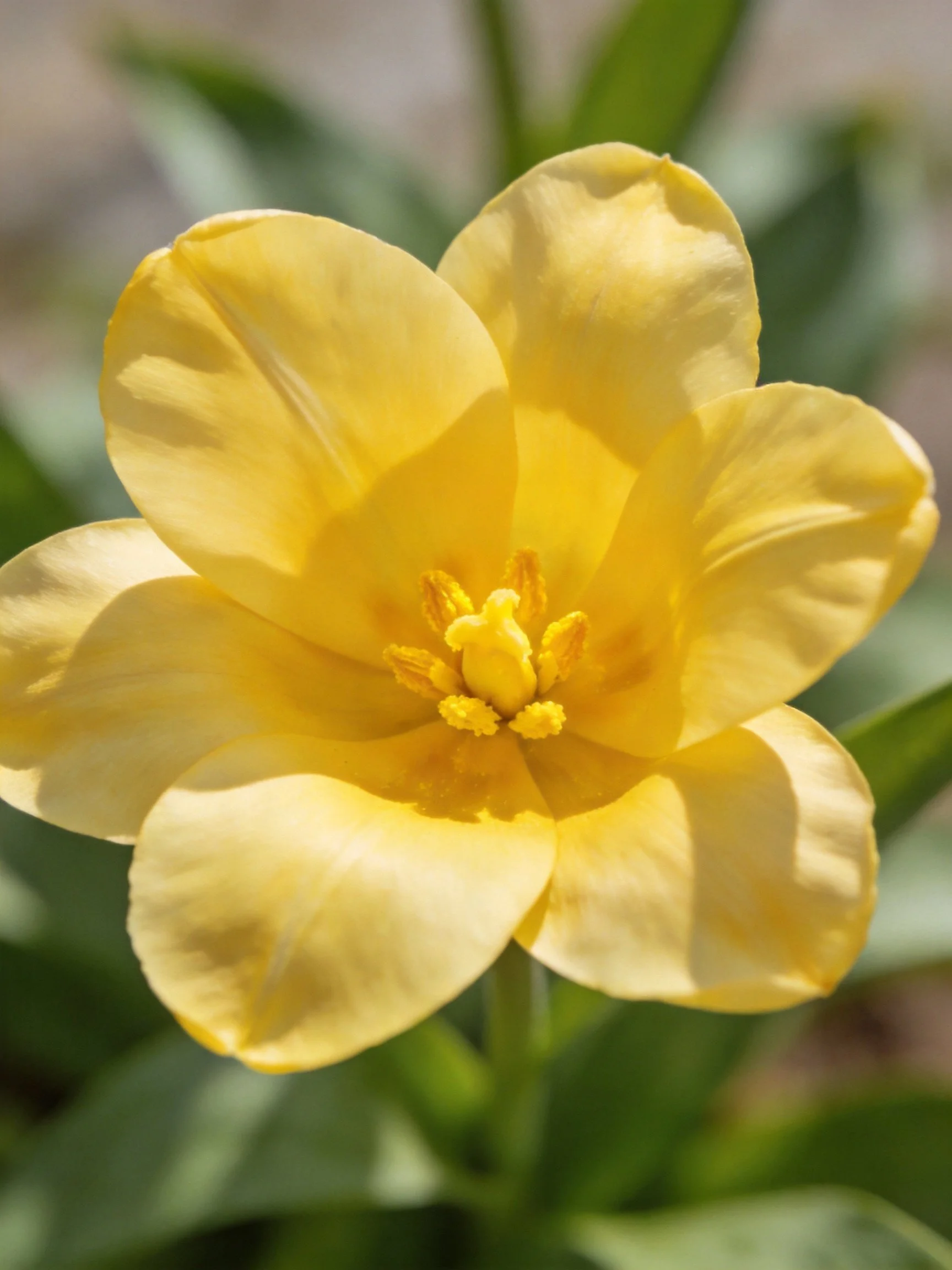 A vibrant yellow tulip with five petals glowing in sunlight