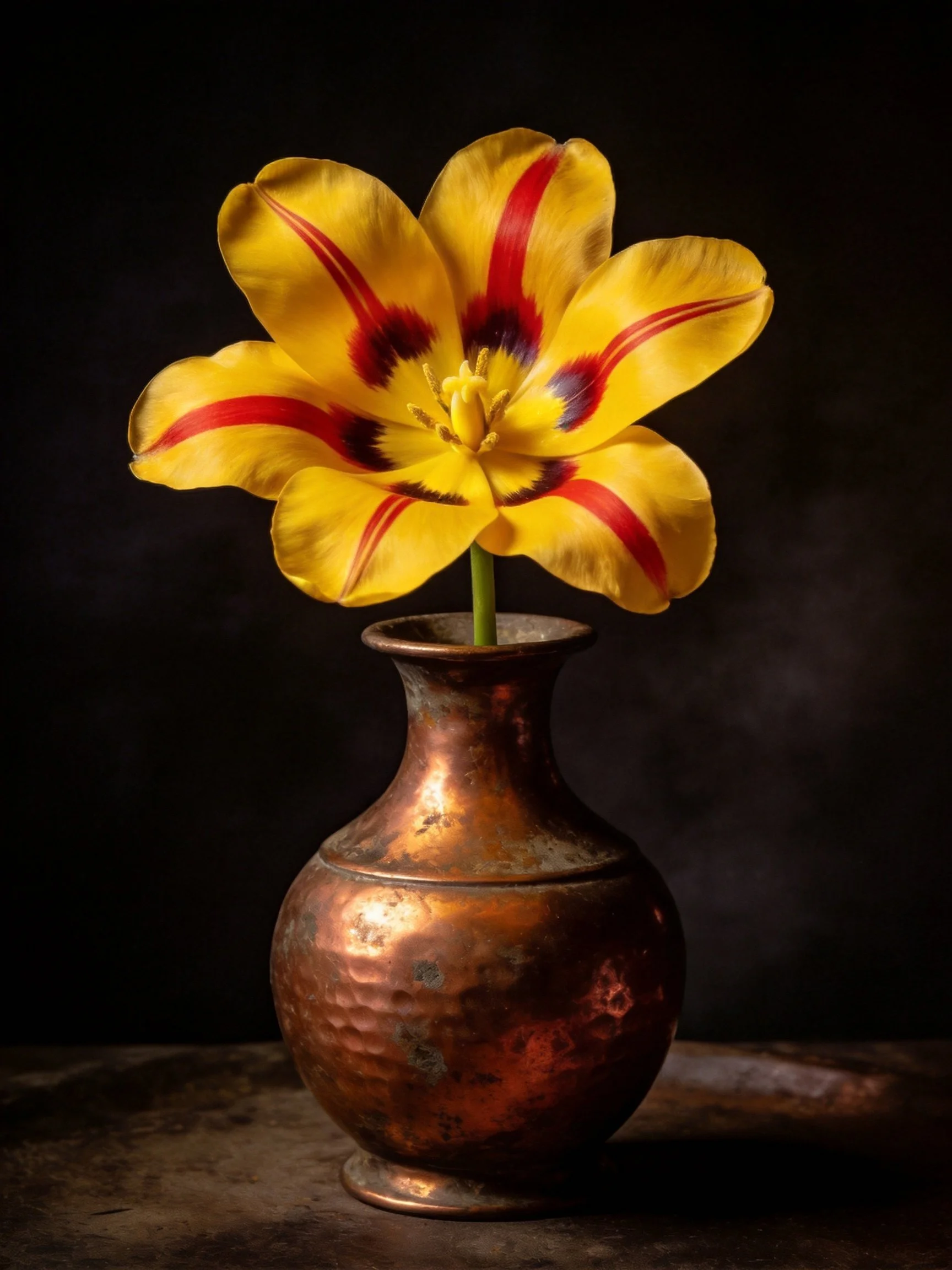 A vibrant yellow tulip with red stripes in an aged copper vase
