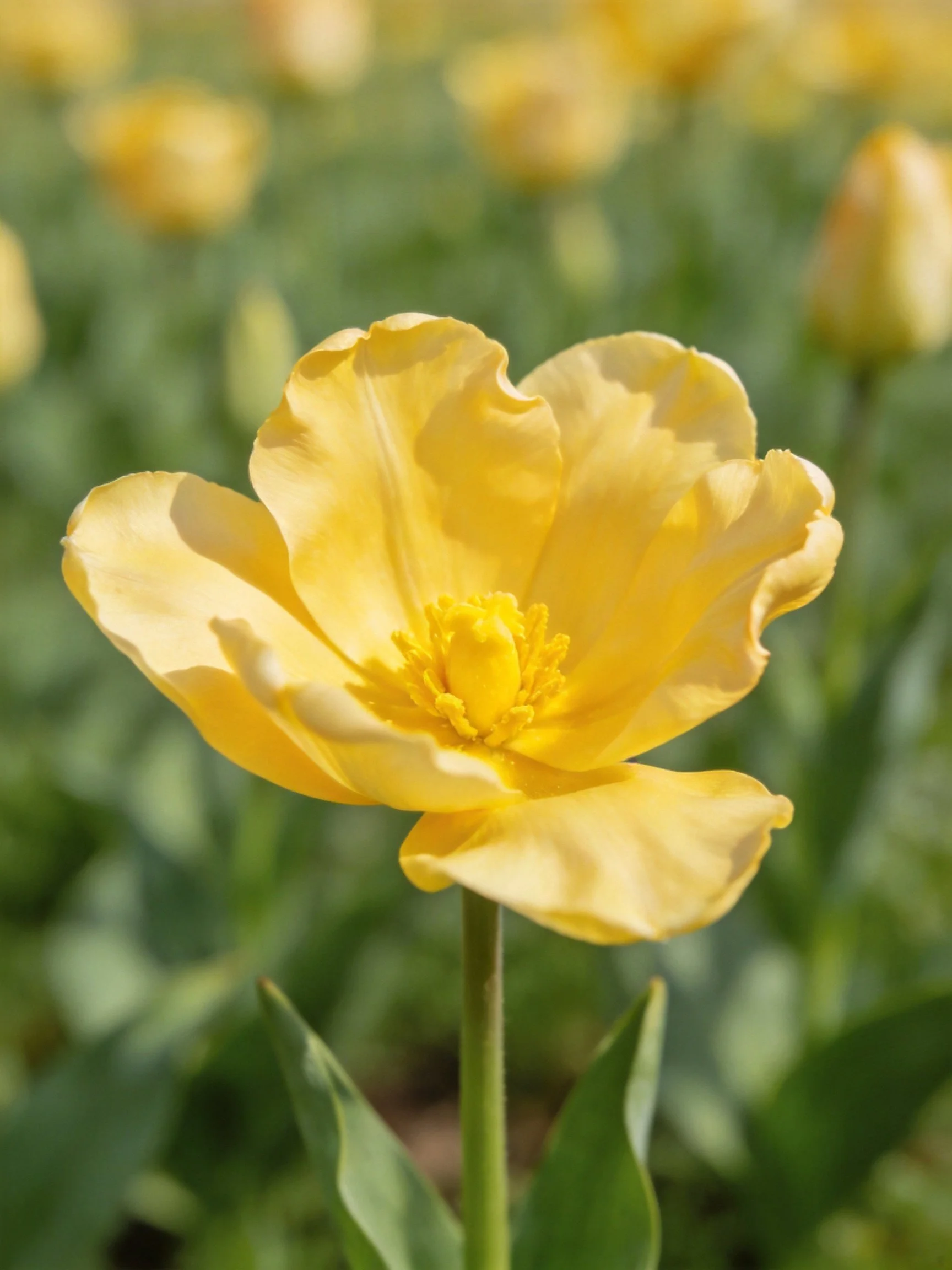 A vibrant yellow tulip with ruffled petals among green foliage