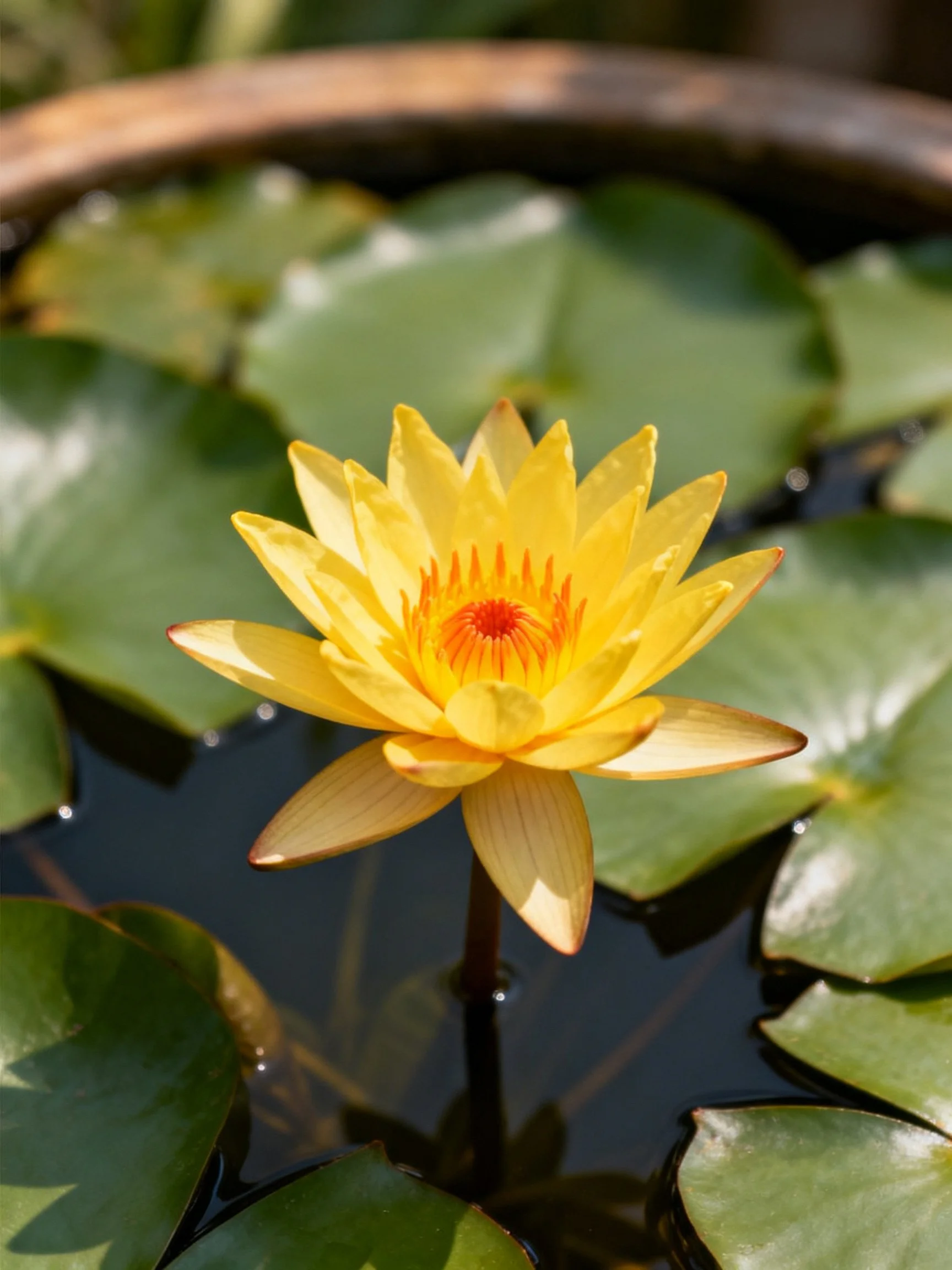 A vibrant yellow water lily surrounded by green lily pads in calm water.