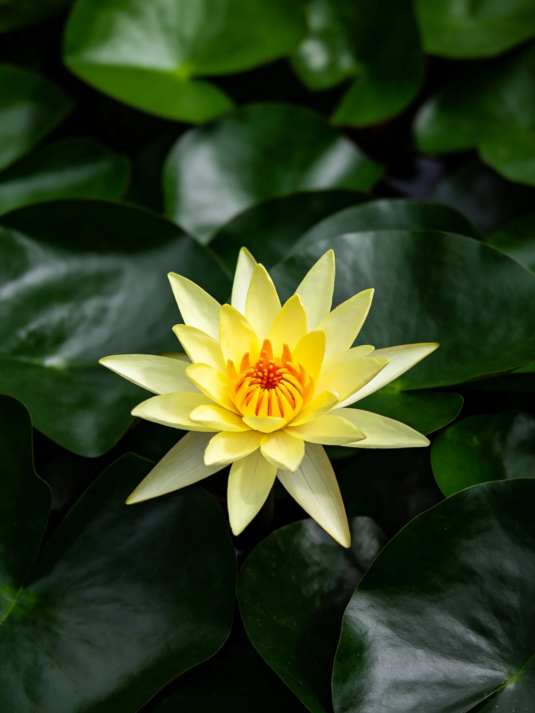 A vibrant yellow water lily surroundedby glossy dark green leaves