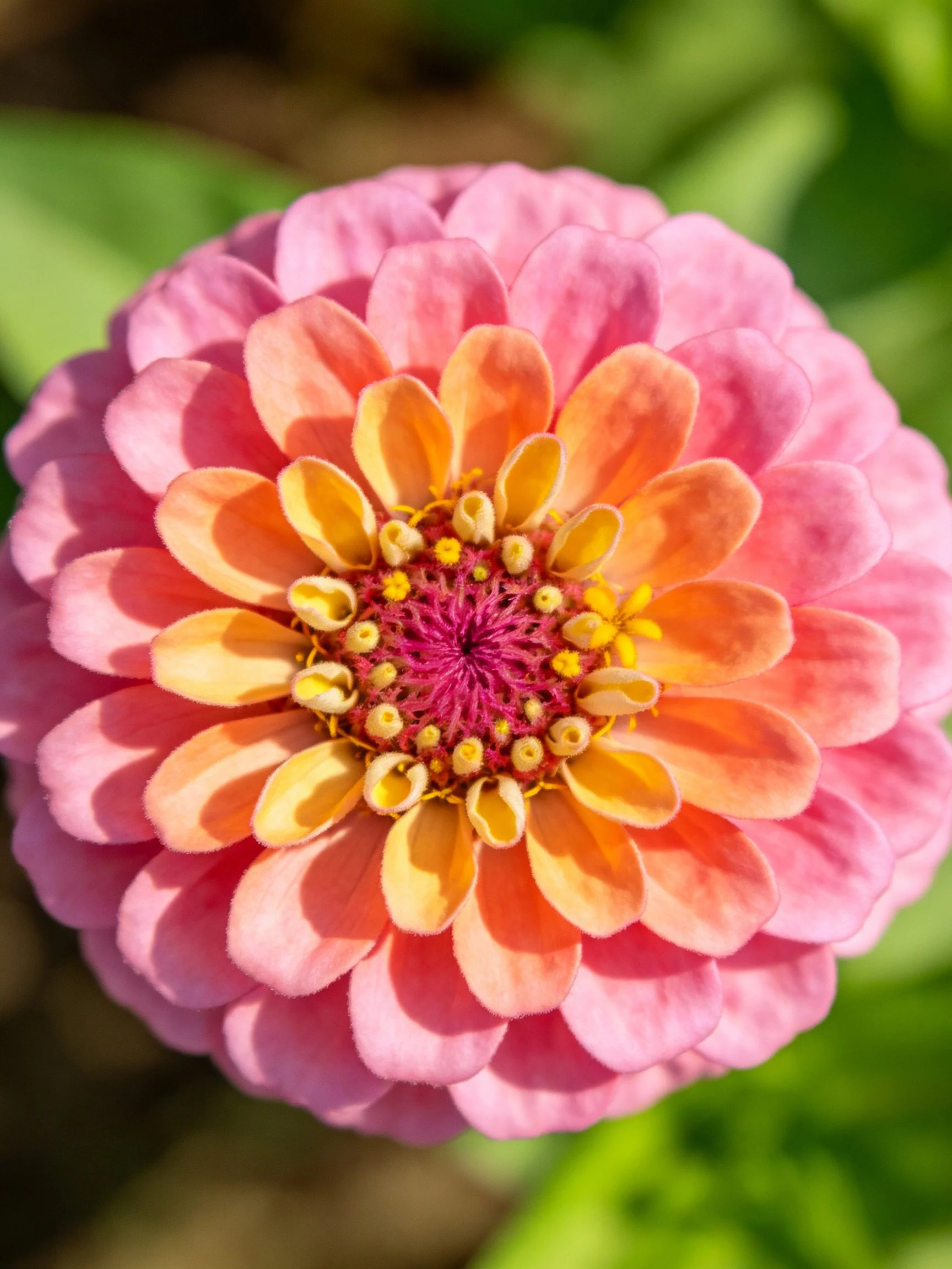 A vibrant zinnia flower with pink and orange layered petals