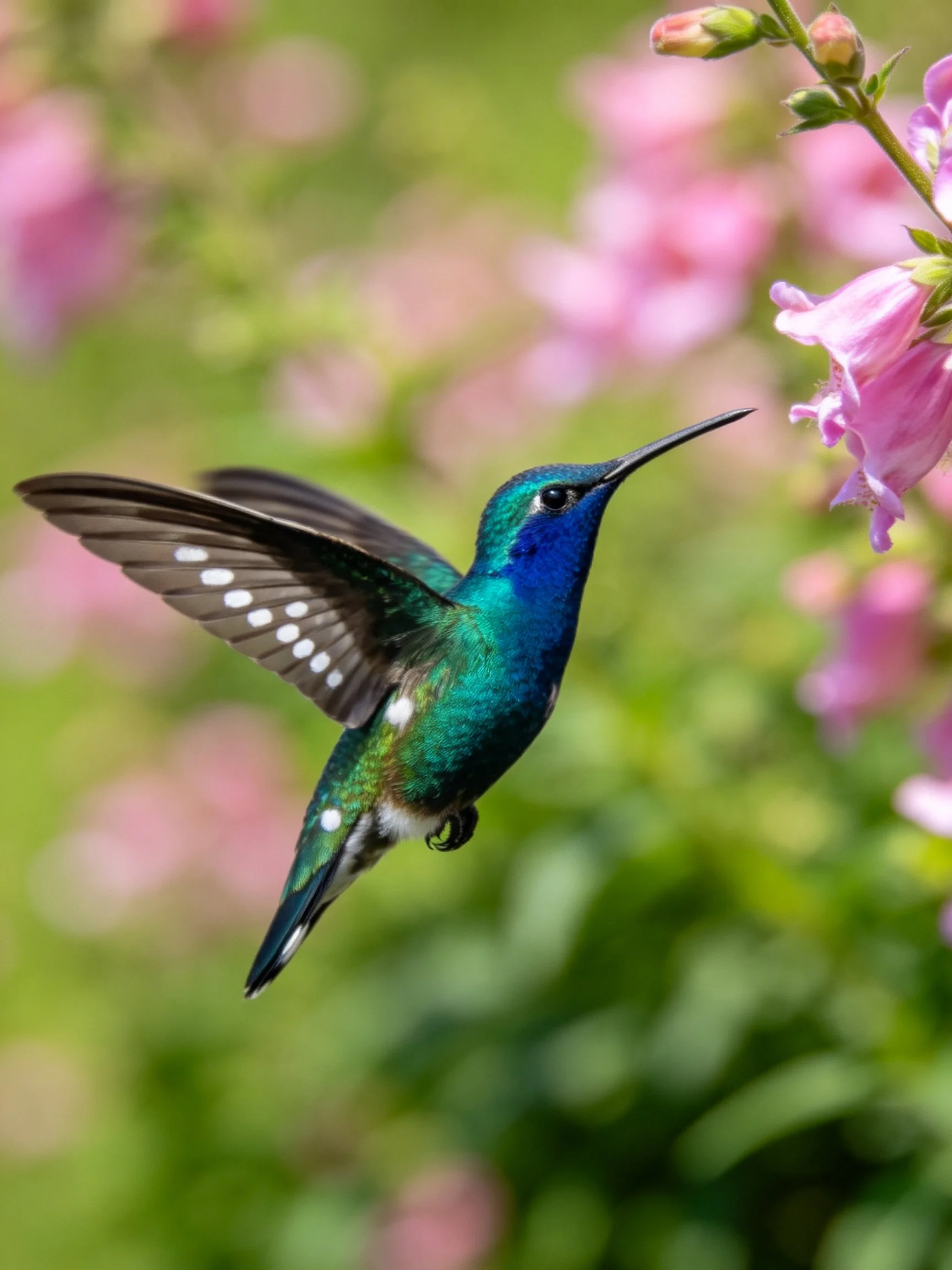 A vibrantly colored hummingbird hovers near pink flowers