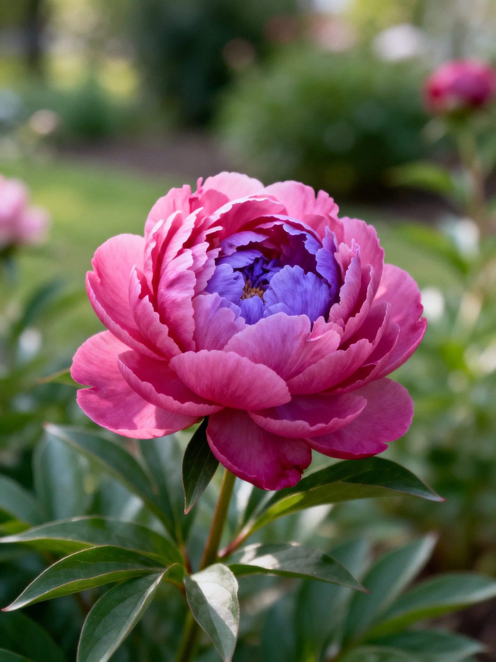 A vibrantly colored layered peony with green foliage