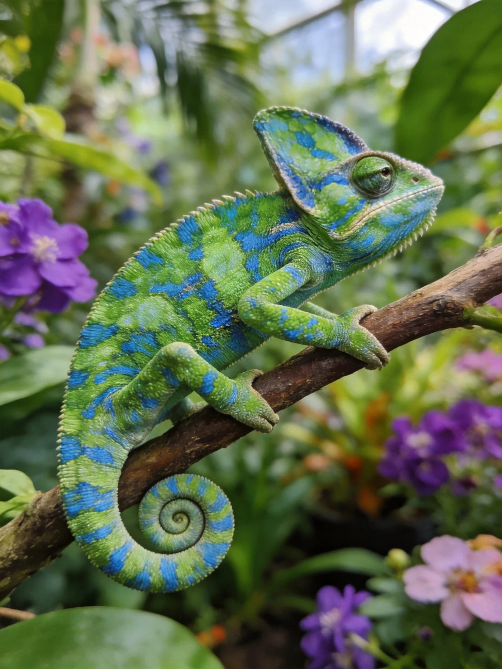 A vibrantly patterned chameleon perches on a branch amid colorful flowers