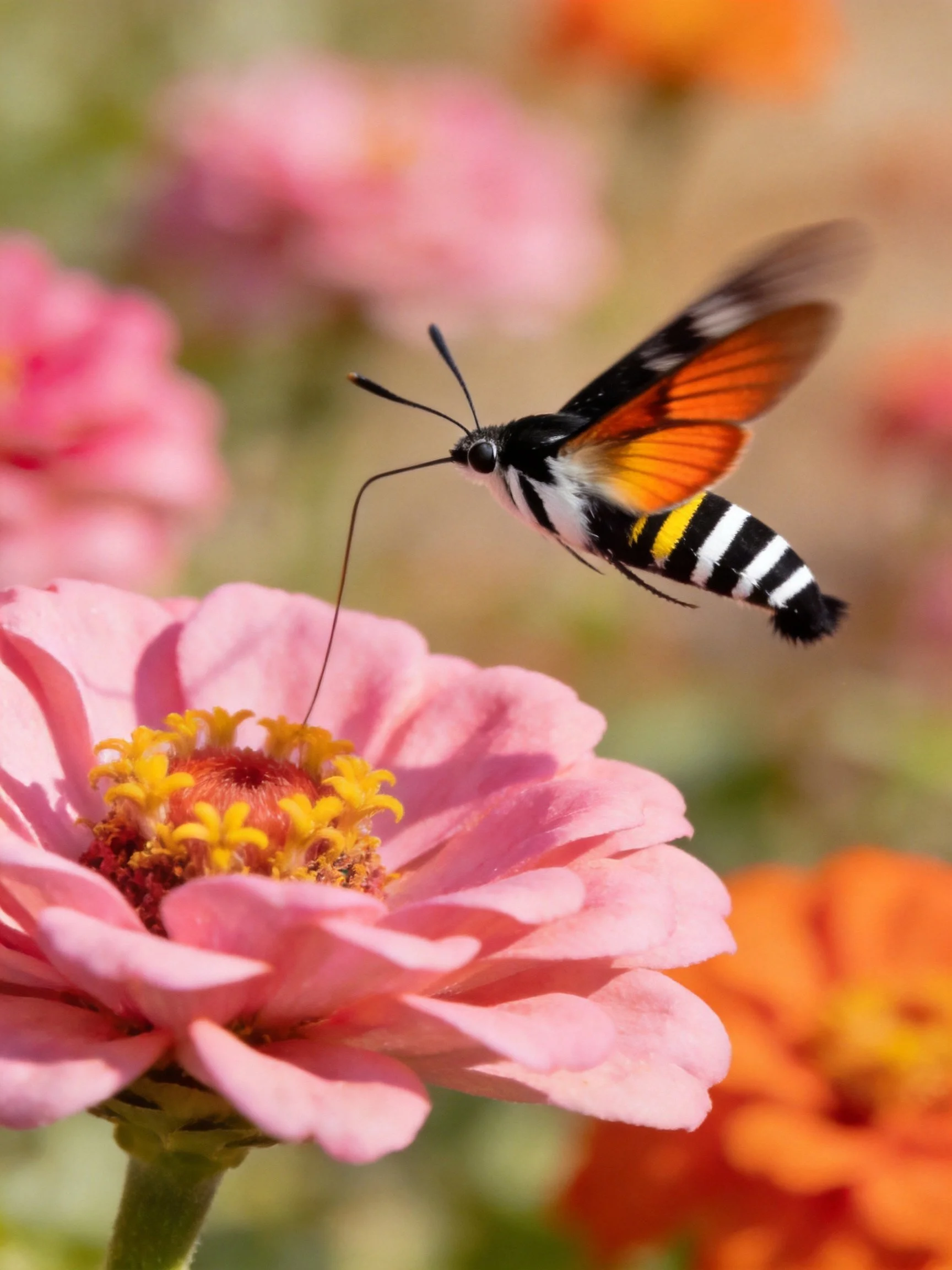 A vibrantly patterned moth hovers over pink zinnia flowers
