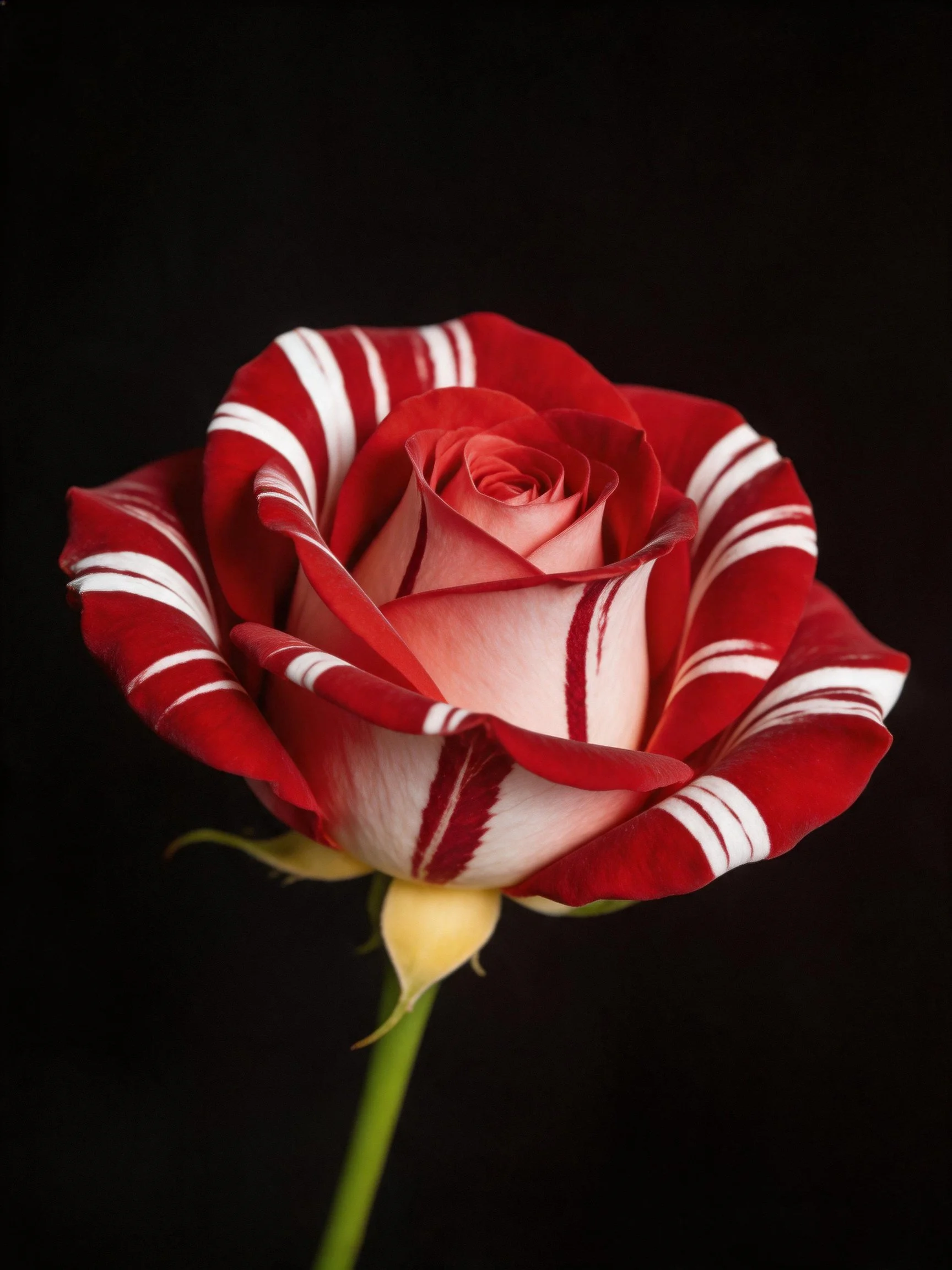 A vibrantly striped rose with red and white petals