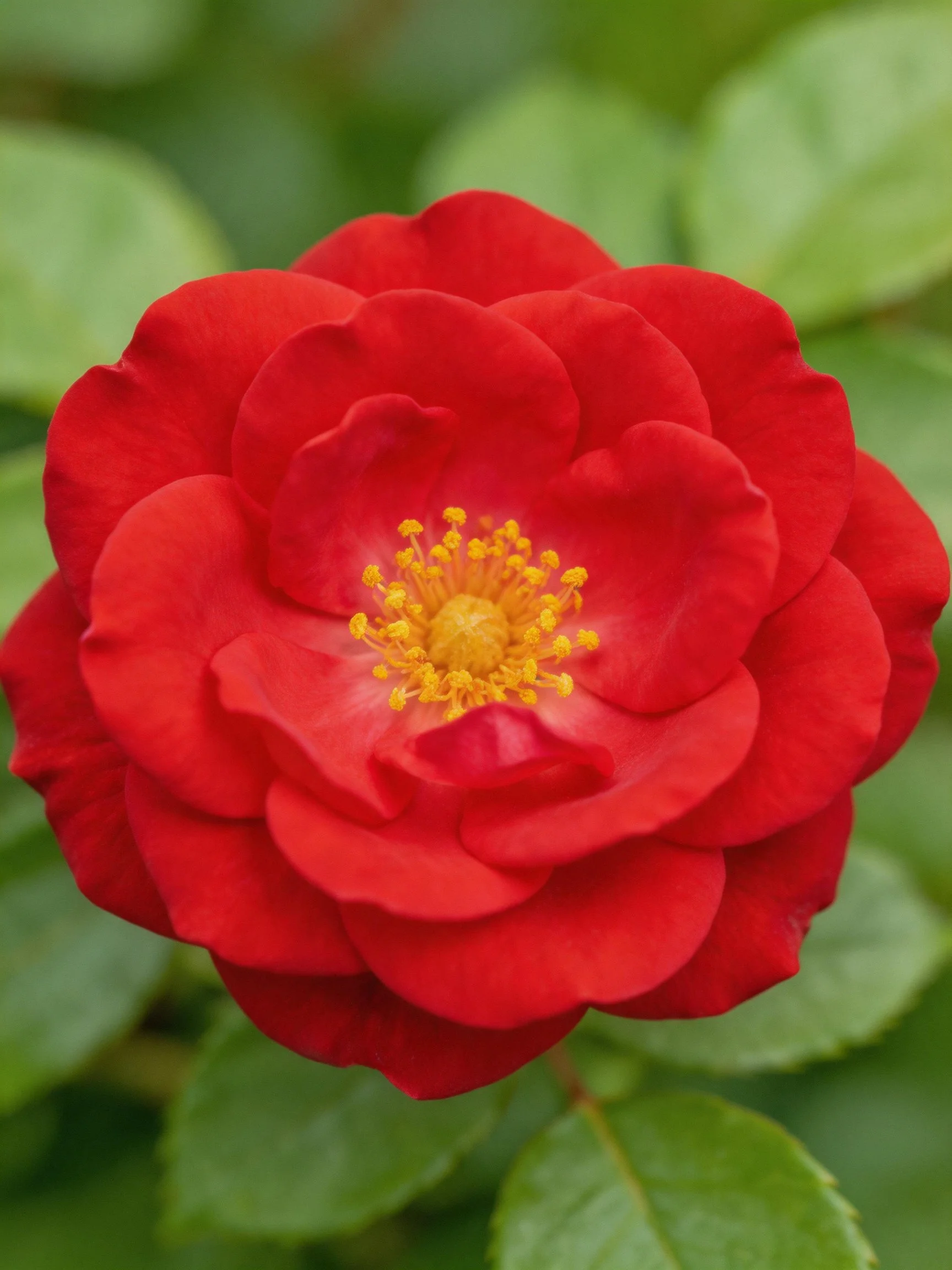 A vibrantred rose with layered petals and yellow stamens, surrounded by green leaves