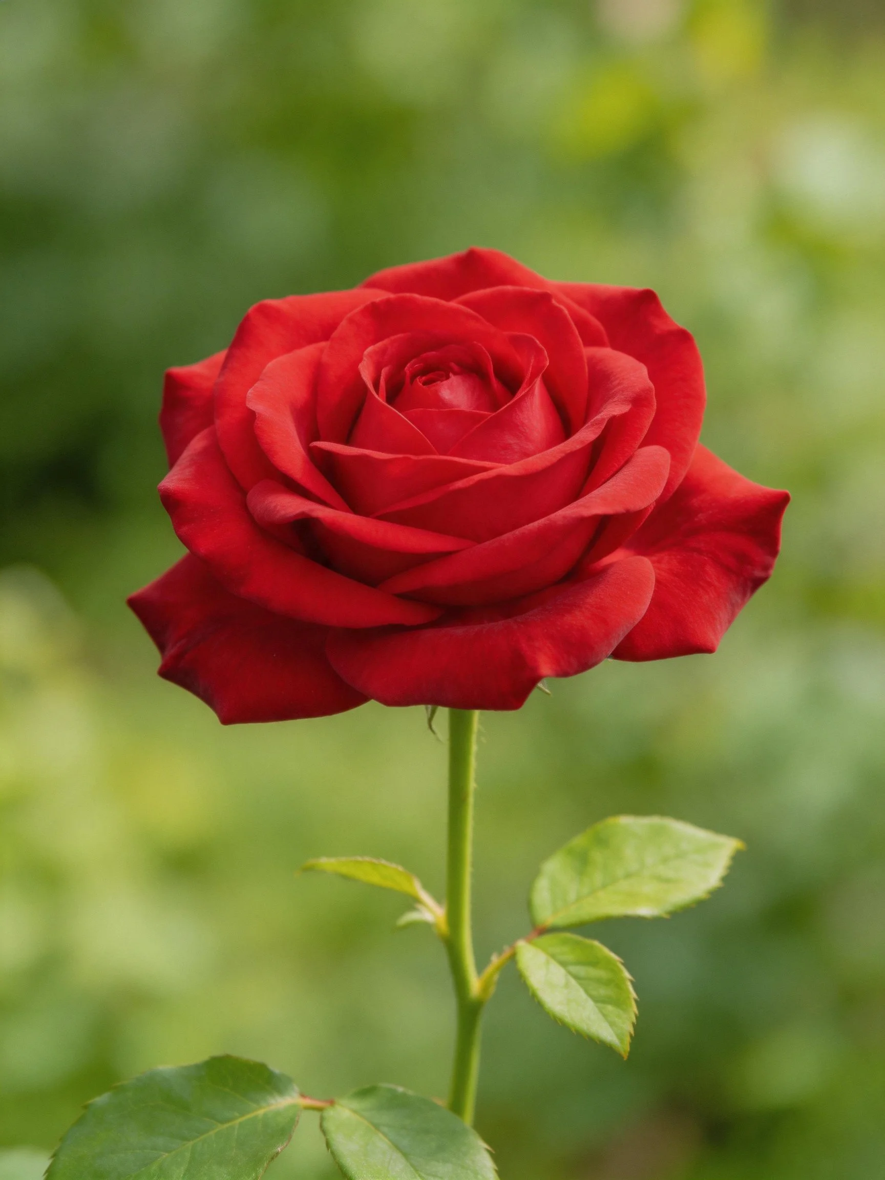 A vibrantred rose with lush green leaves