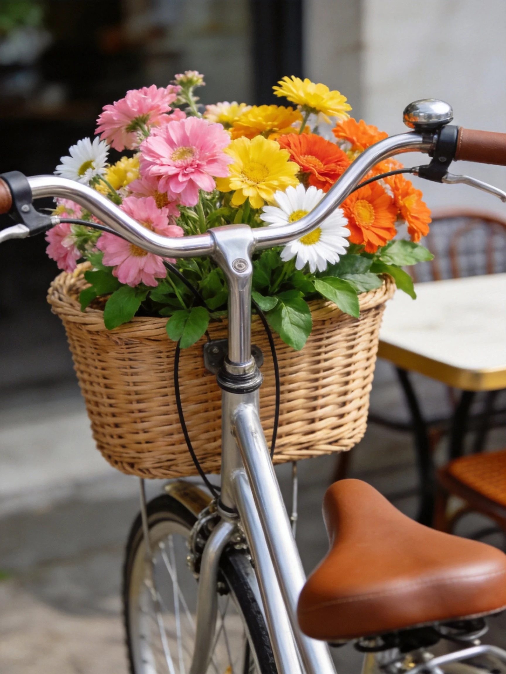 A vintage silver bicycle with wicker basket of vibrant mixed flowers