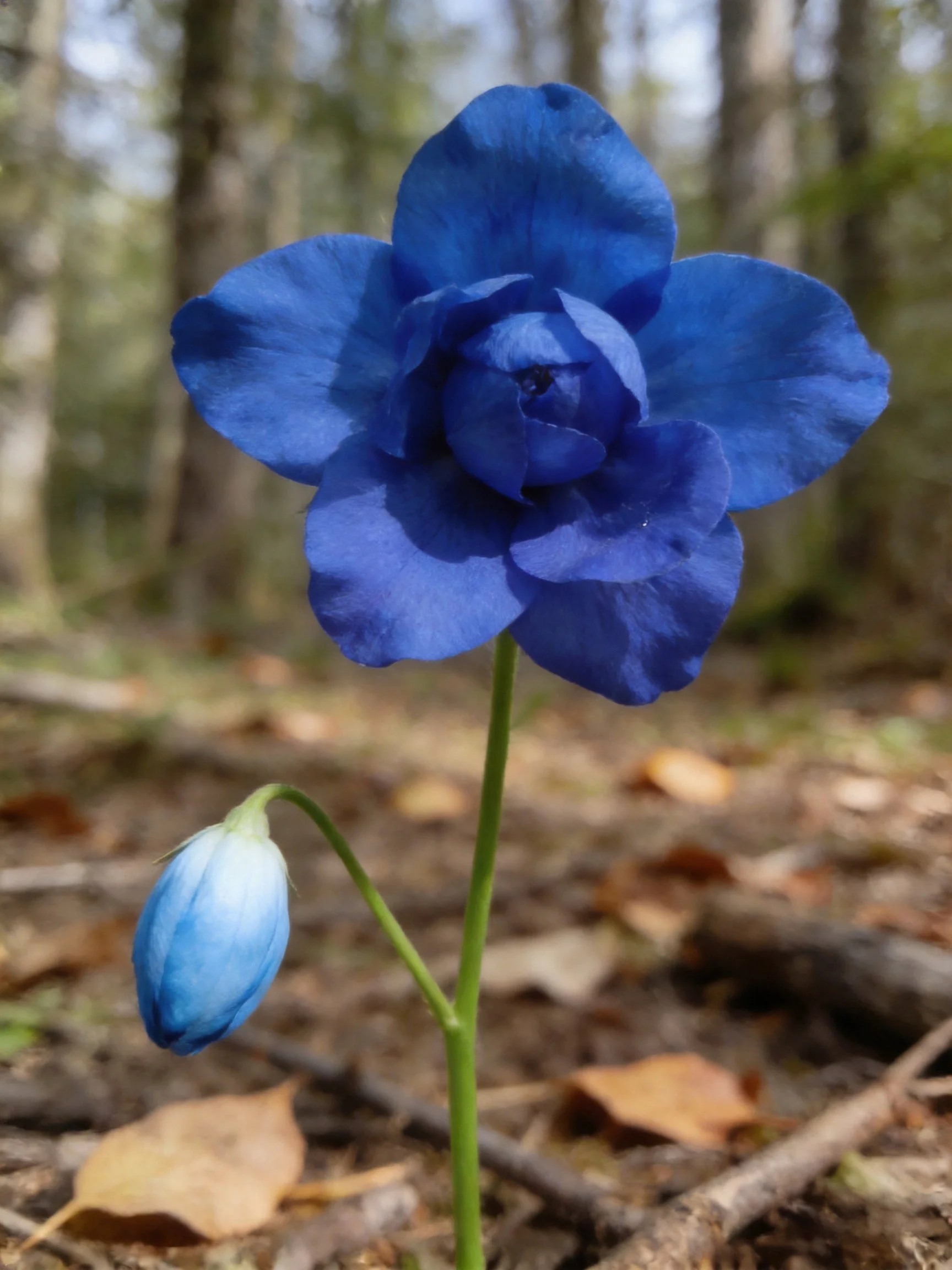 A vivid blue flower blooms near a closed bud in a forest