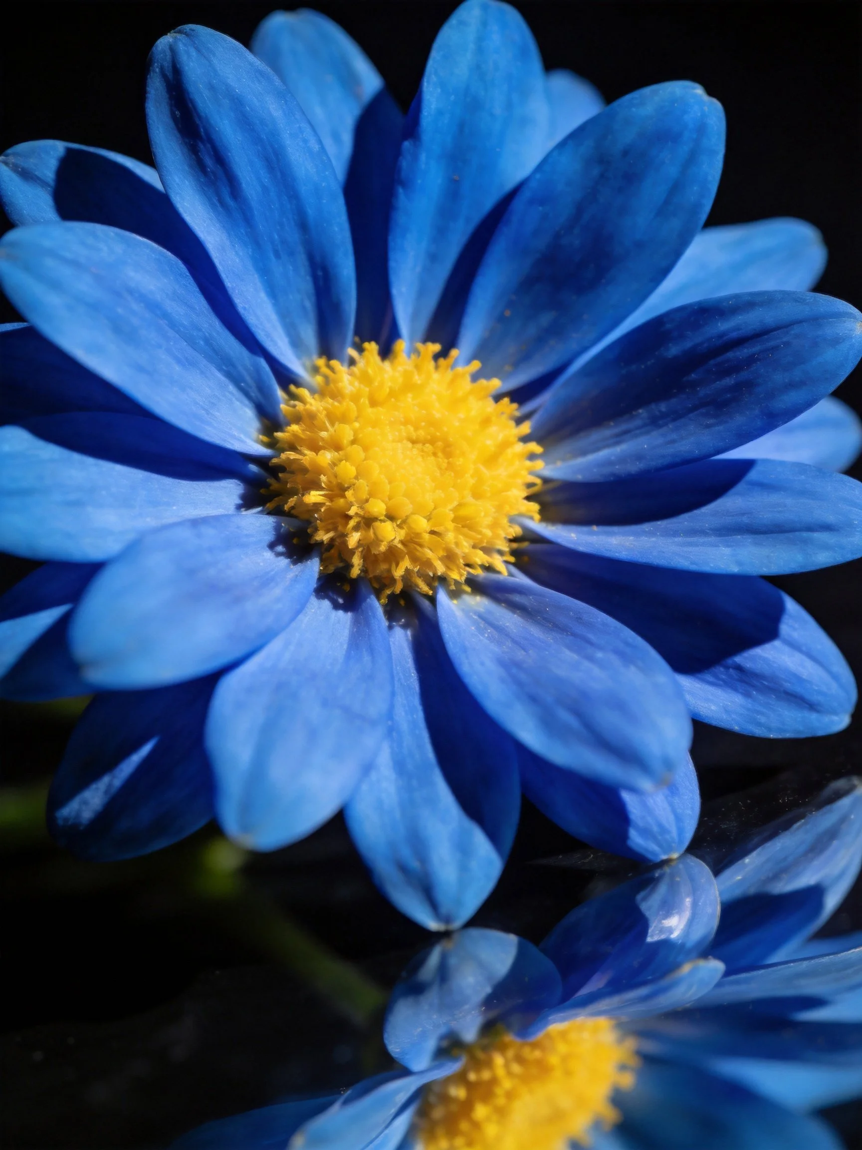 A vivid blue flower with golden-yellow center and reflection