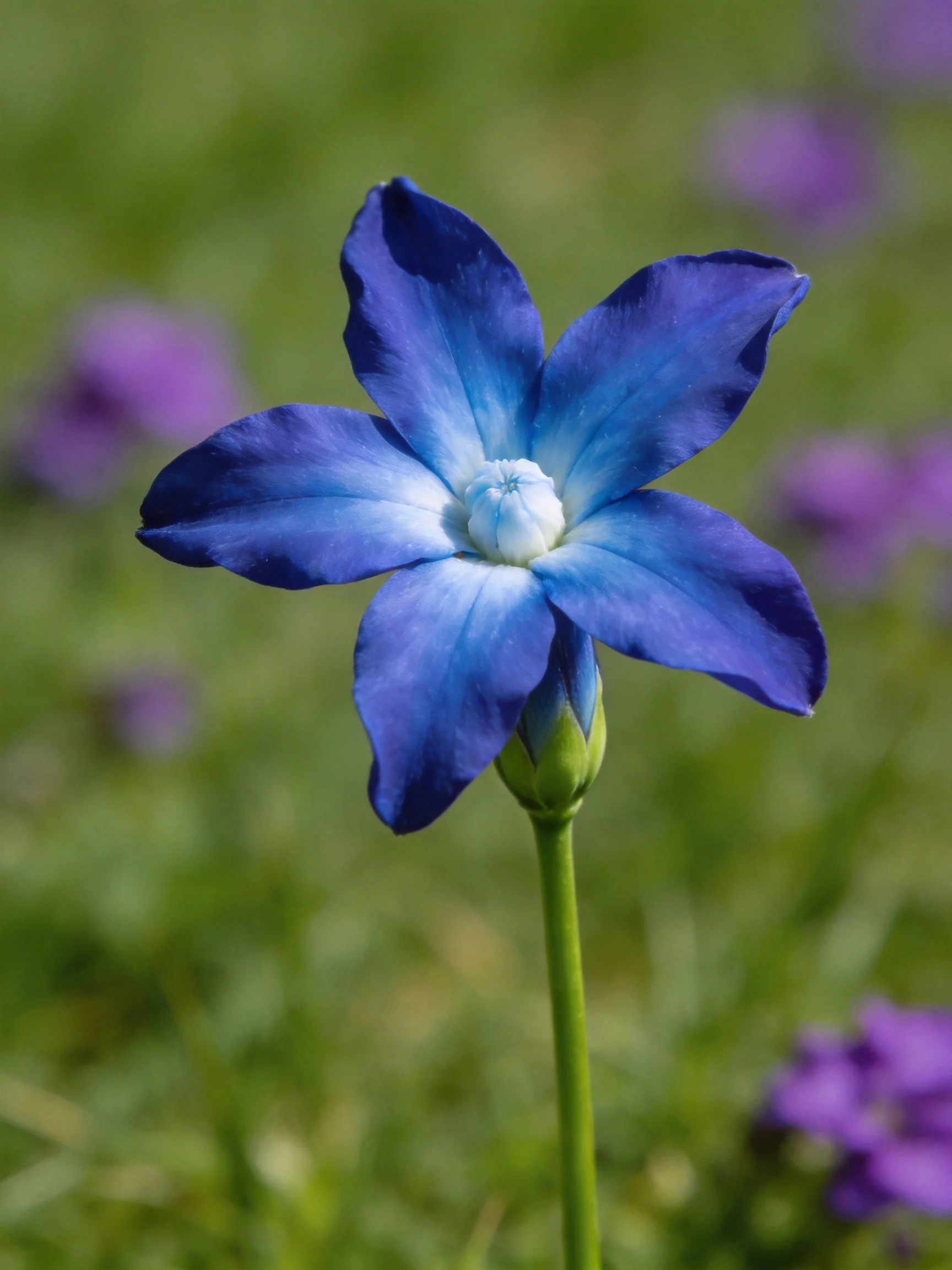 A vivid blue flower with six petals, green blurred background