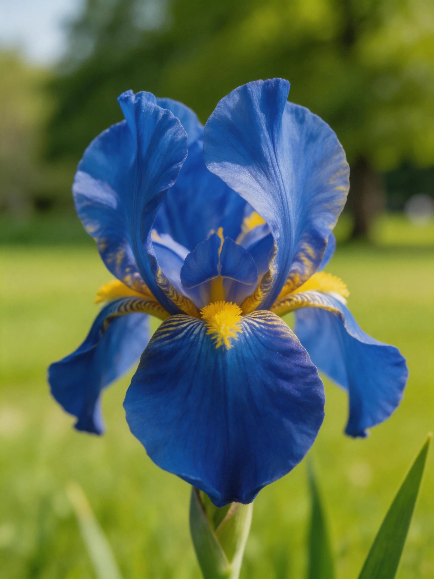 A vivid blue iris with golden accents against a green backdrop