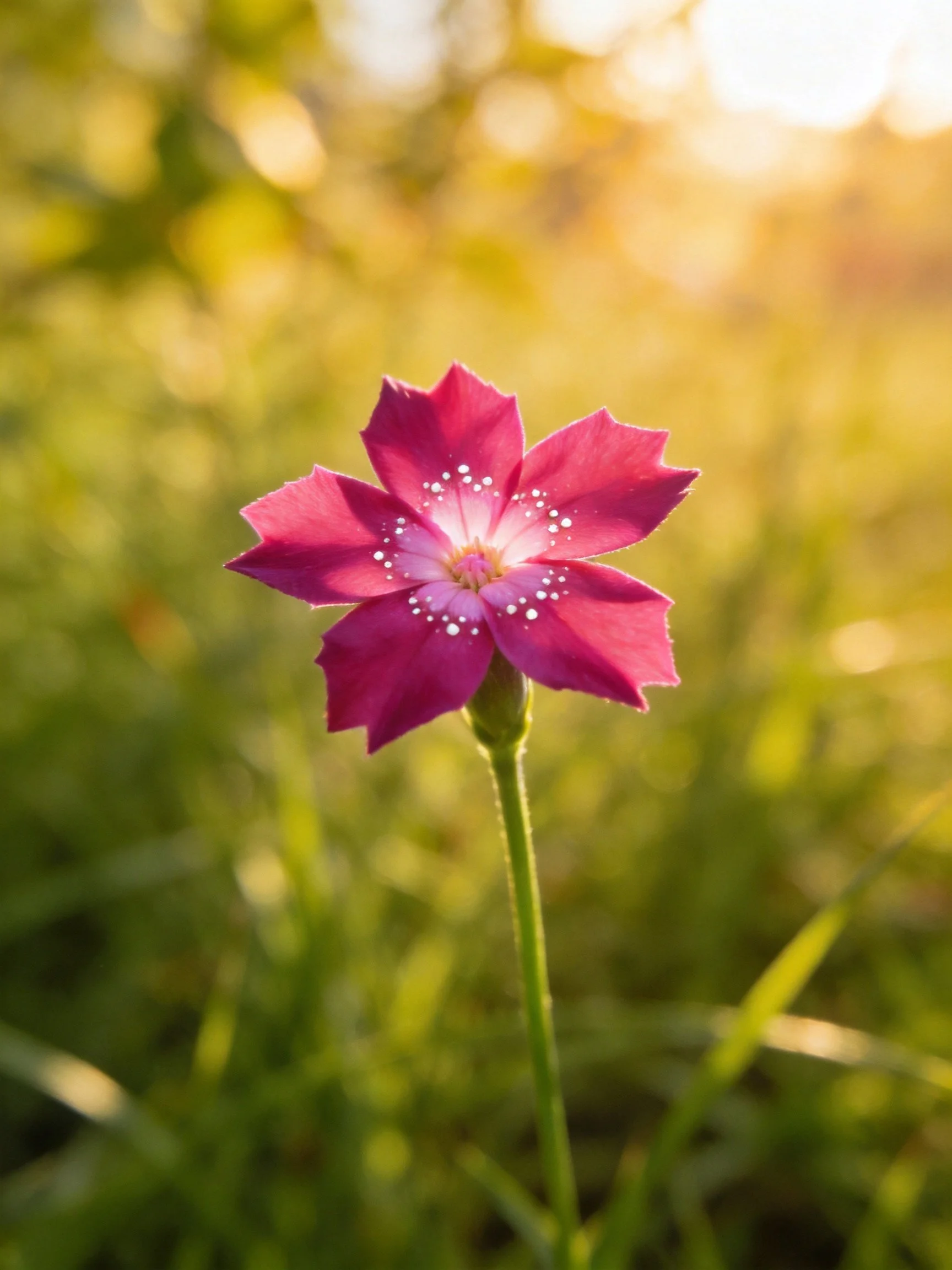 A vivid pink flower with white speckles amidst soft green bokeh