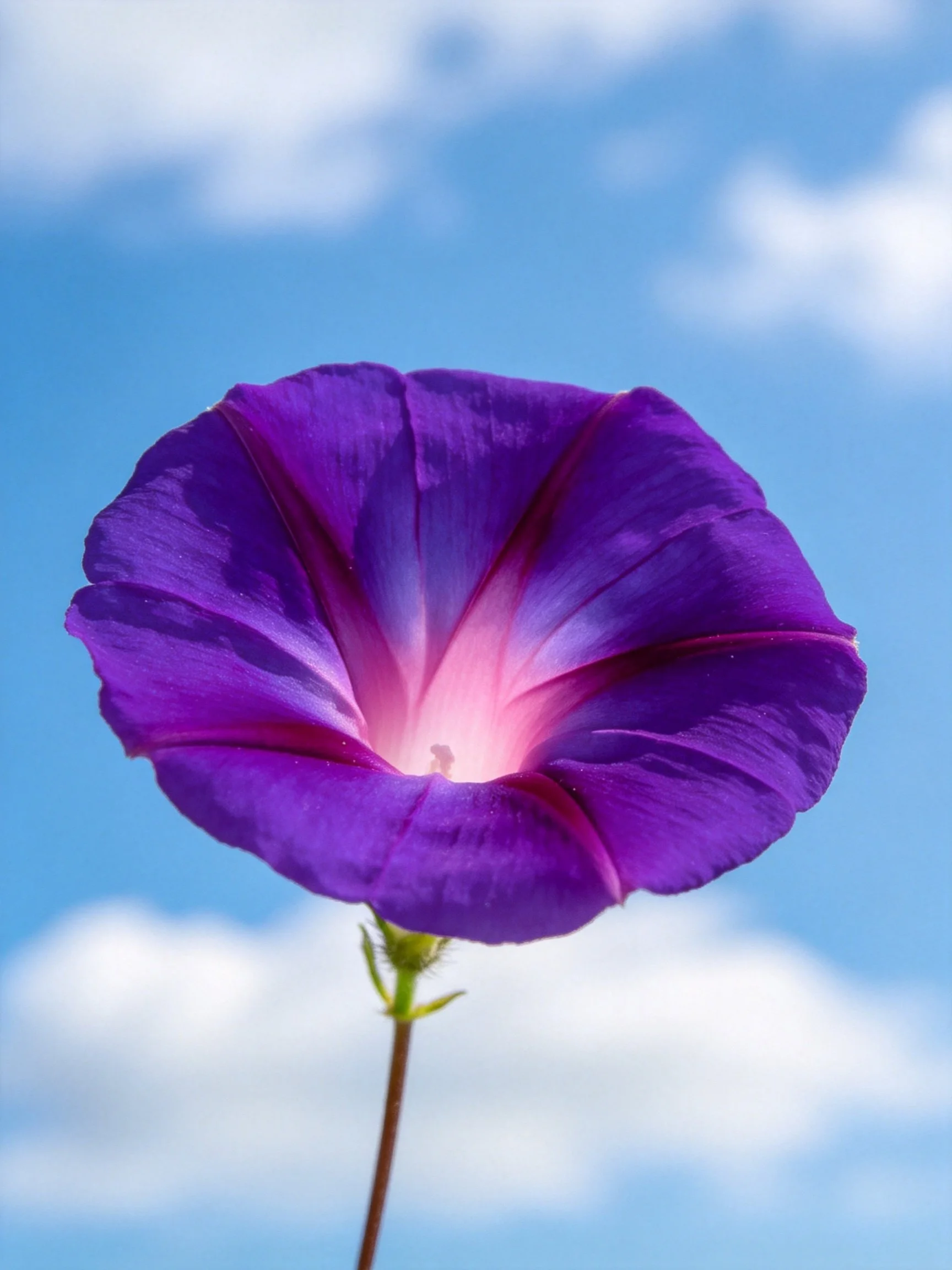 A vivid purple morning glory flower against a blue sky with clouds