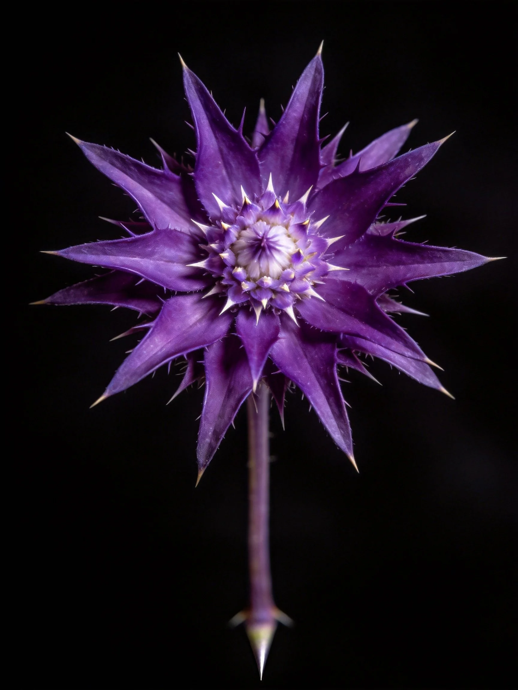 A vivid purple spiky flower against a black background