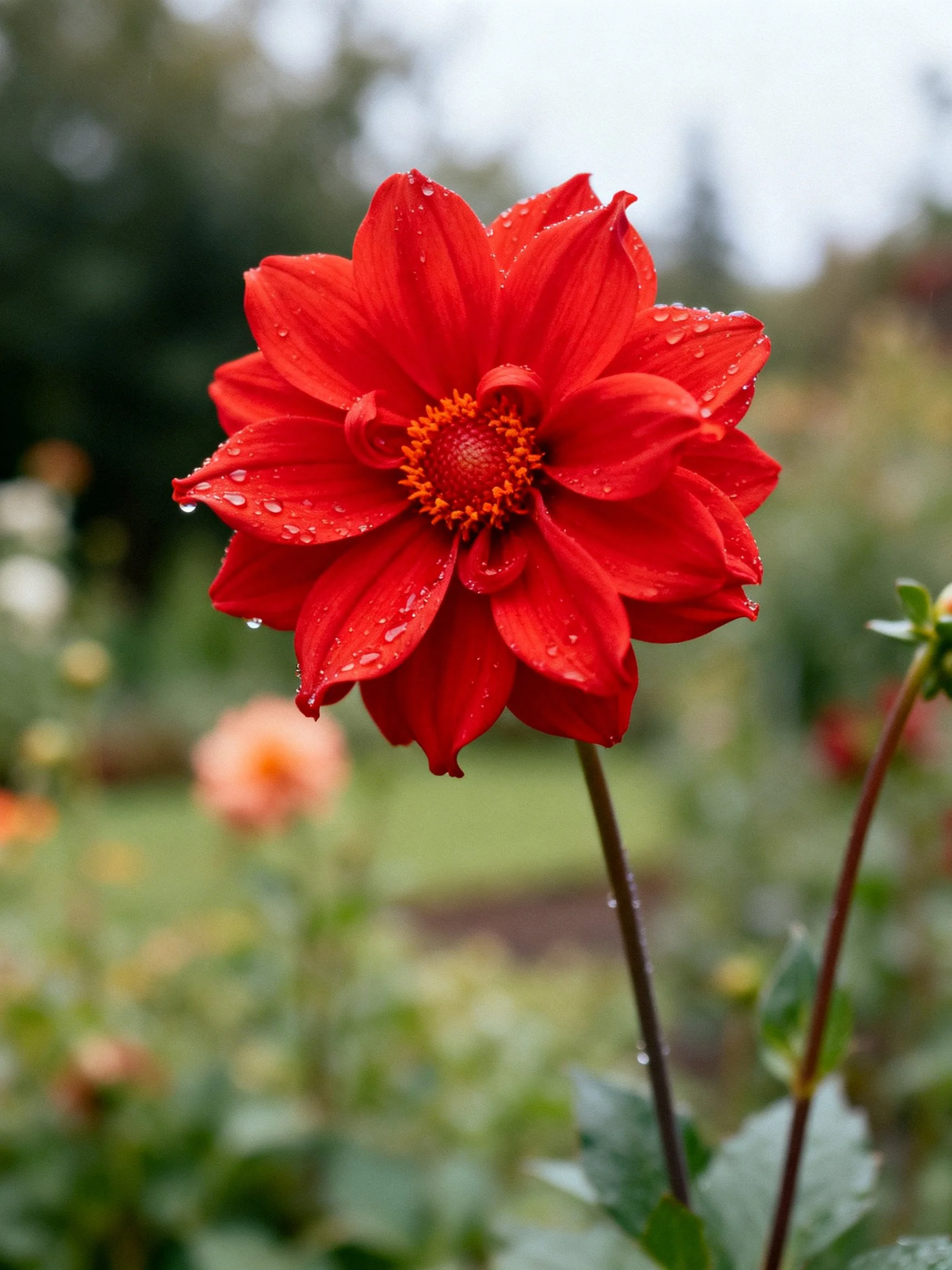 A vivid red dahlia with water droplets amidst green foliage