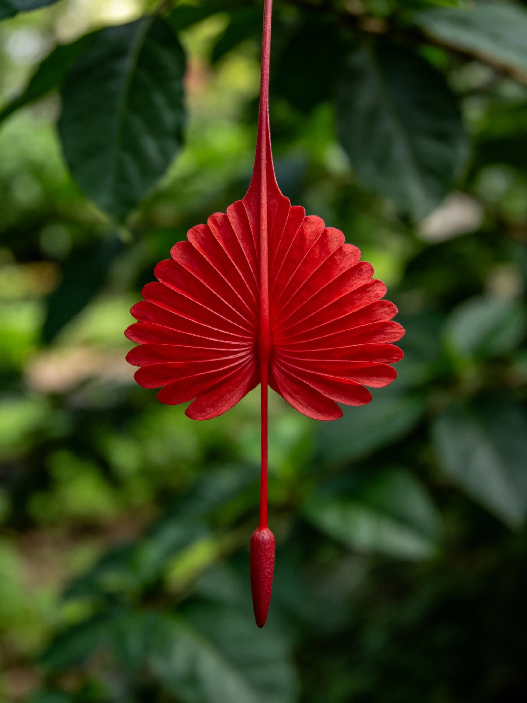 A vivid red, fan - shaped floral structure amid green foliage