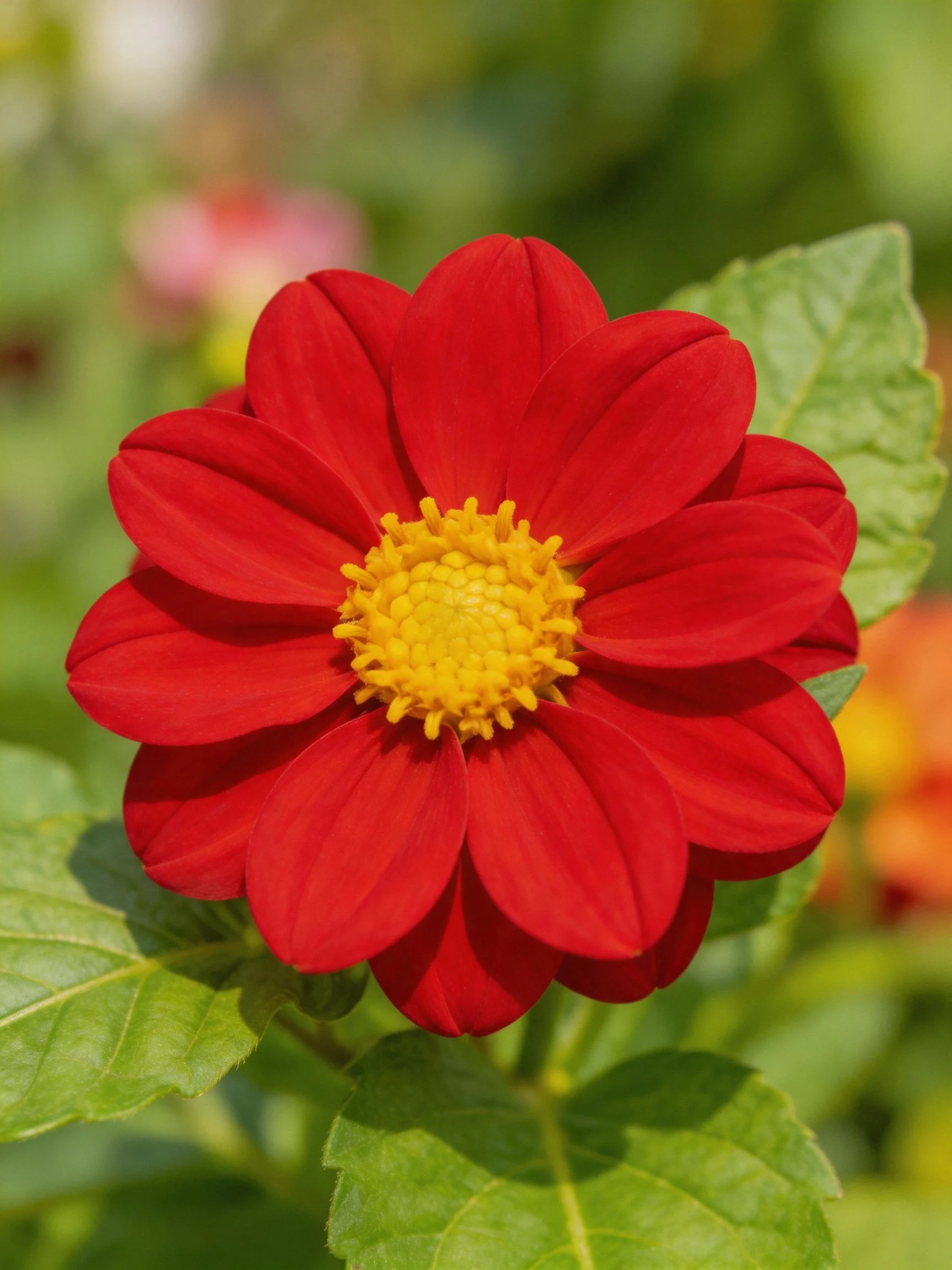 A vivid red flower with a yellow center, surrounded by green leaves.
