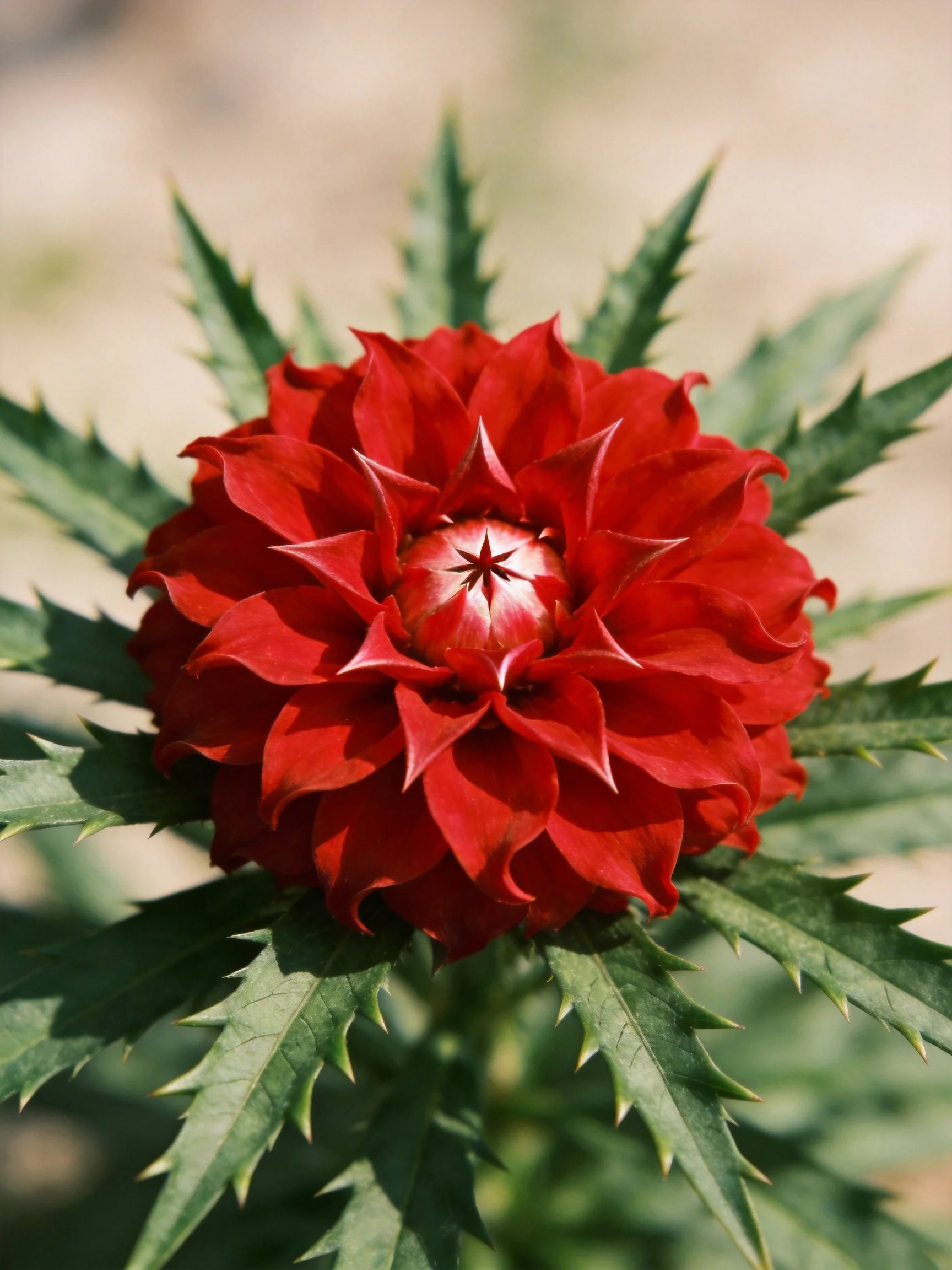 A vivid red flower with spiky green foliage