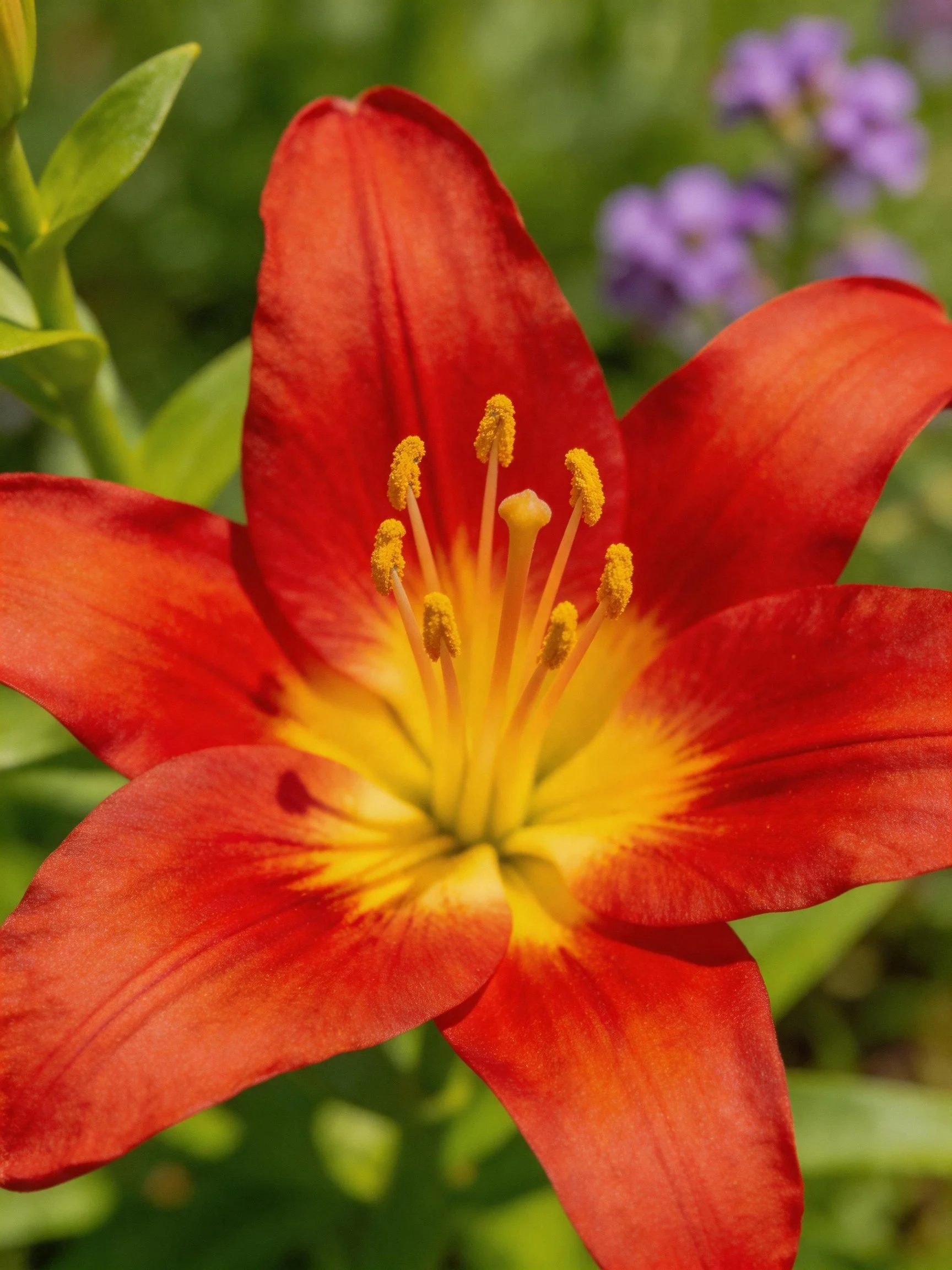 A vivid red lily with golden center