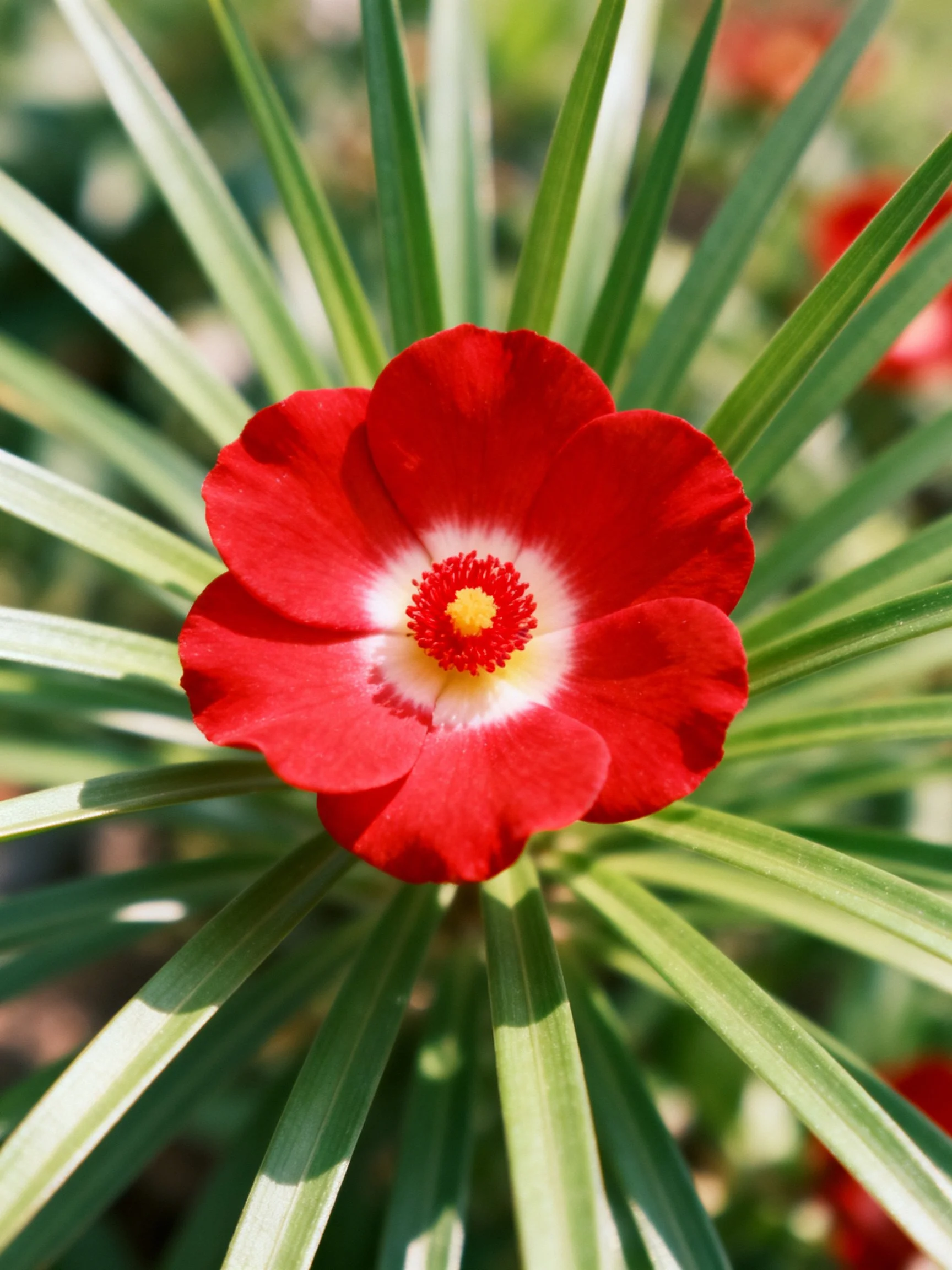 A vivid redflower with white center among striped green foliage