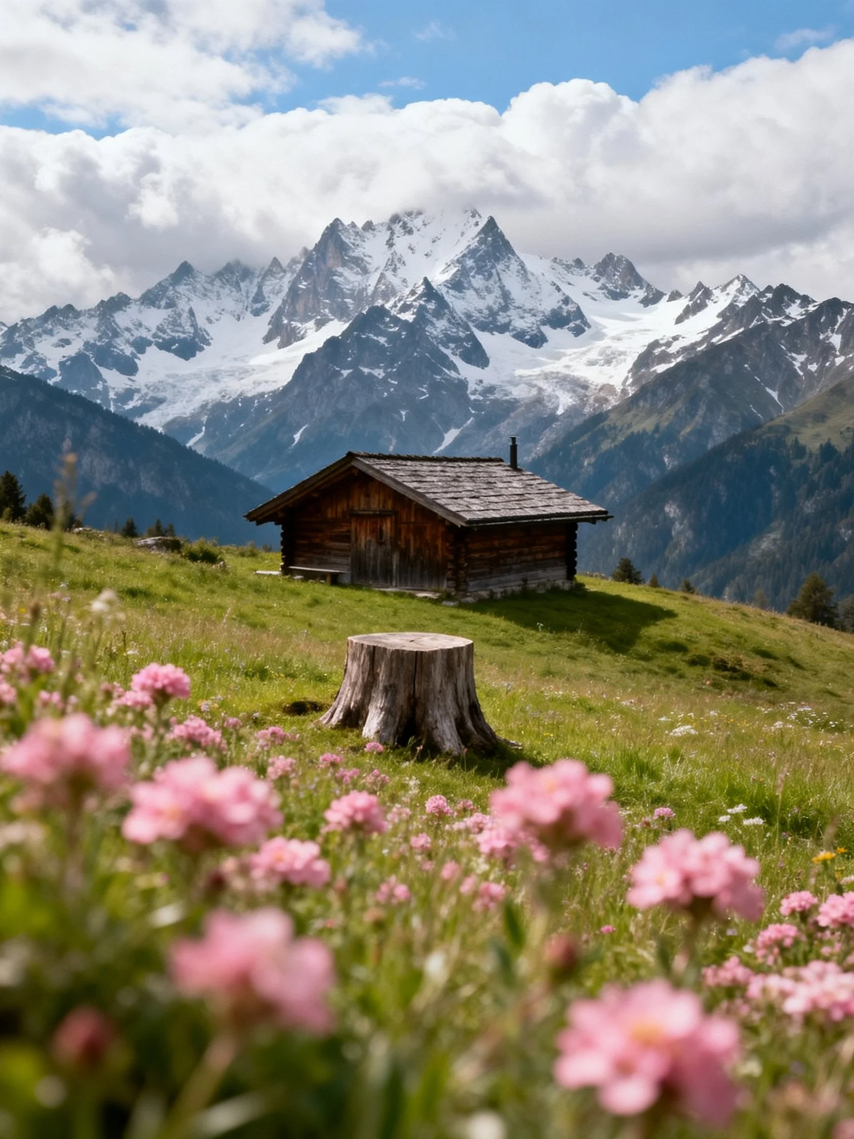 A weathered log cabin beside pink wildflowers with towering snow - capped mountains