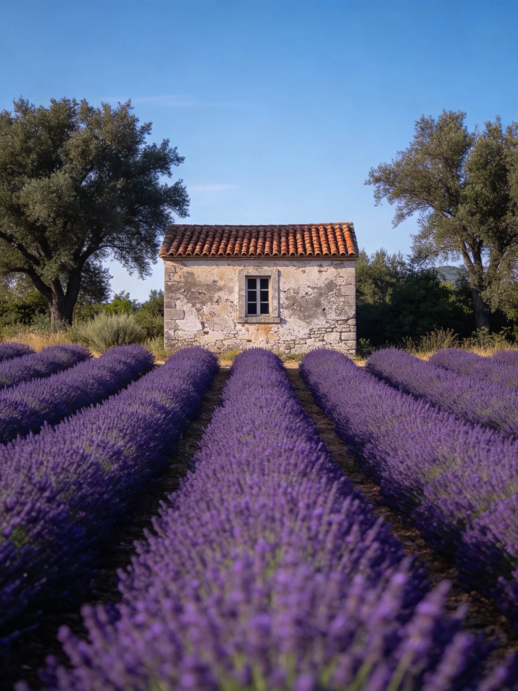 A weathered stone house near rows of vibrant purple lavender