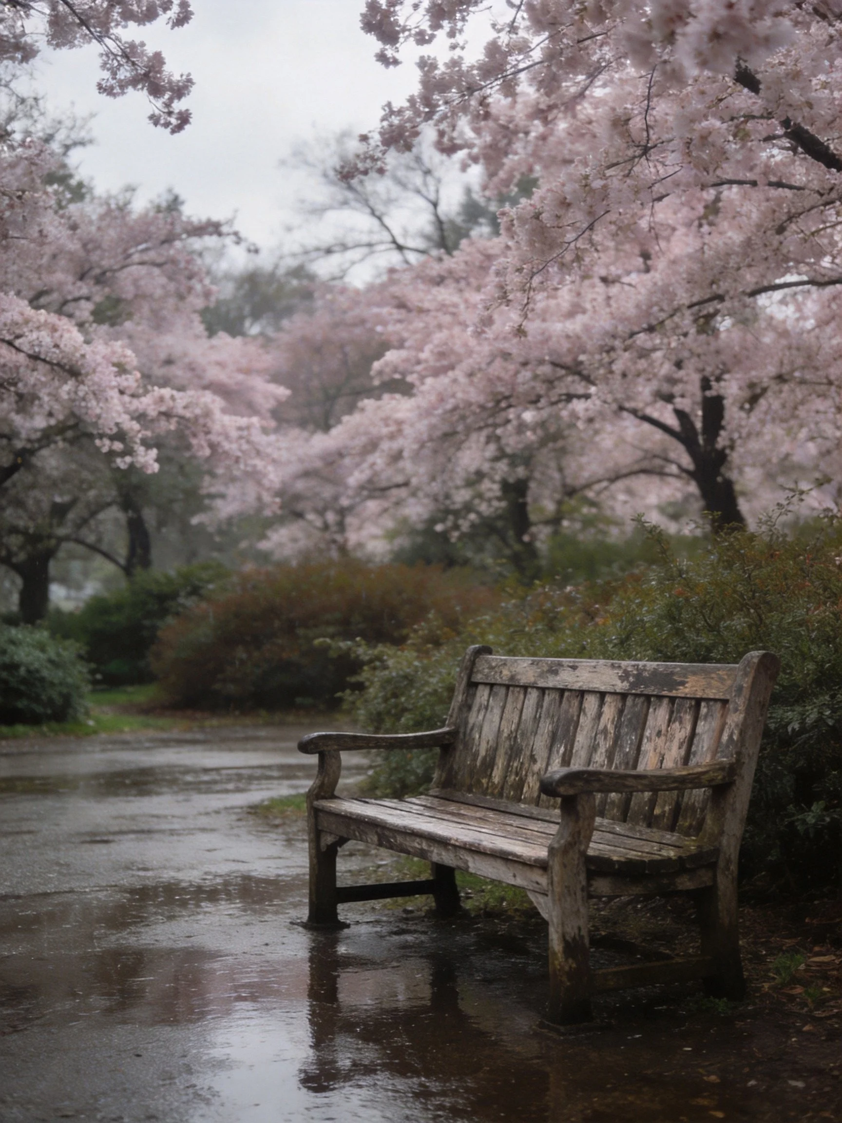 A weathered wooden bench beneath blooming pink cherry trees in a rainy park