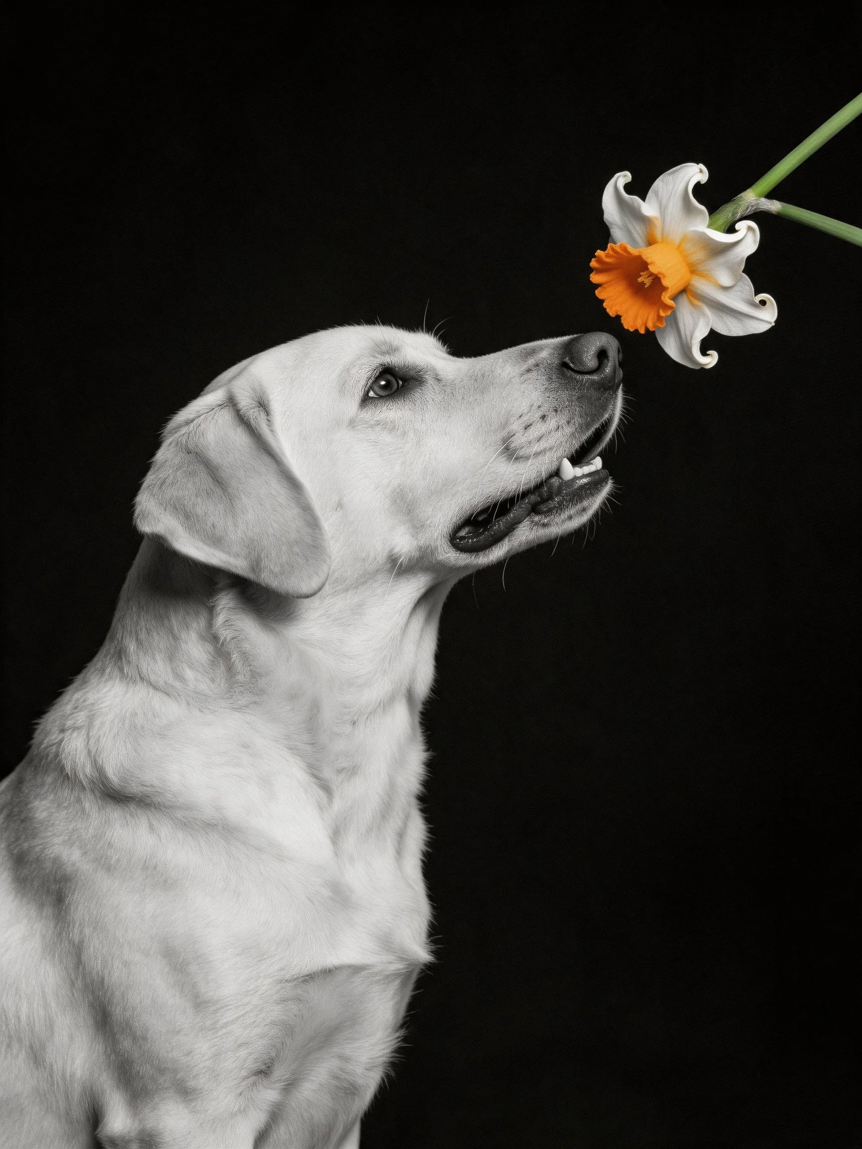 A white Labrador sniffs an orange-centered flower on black background