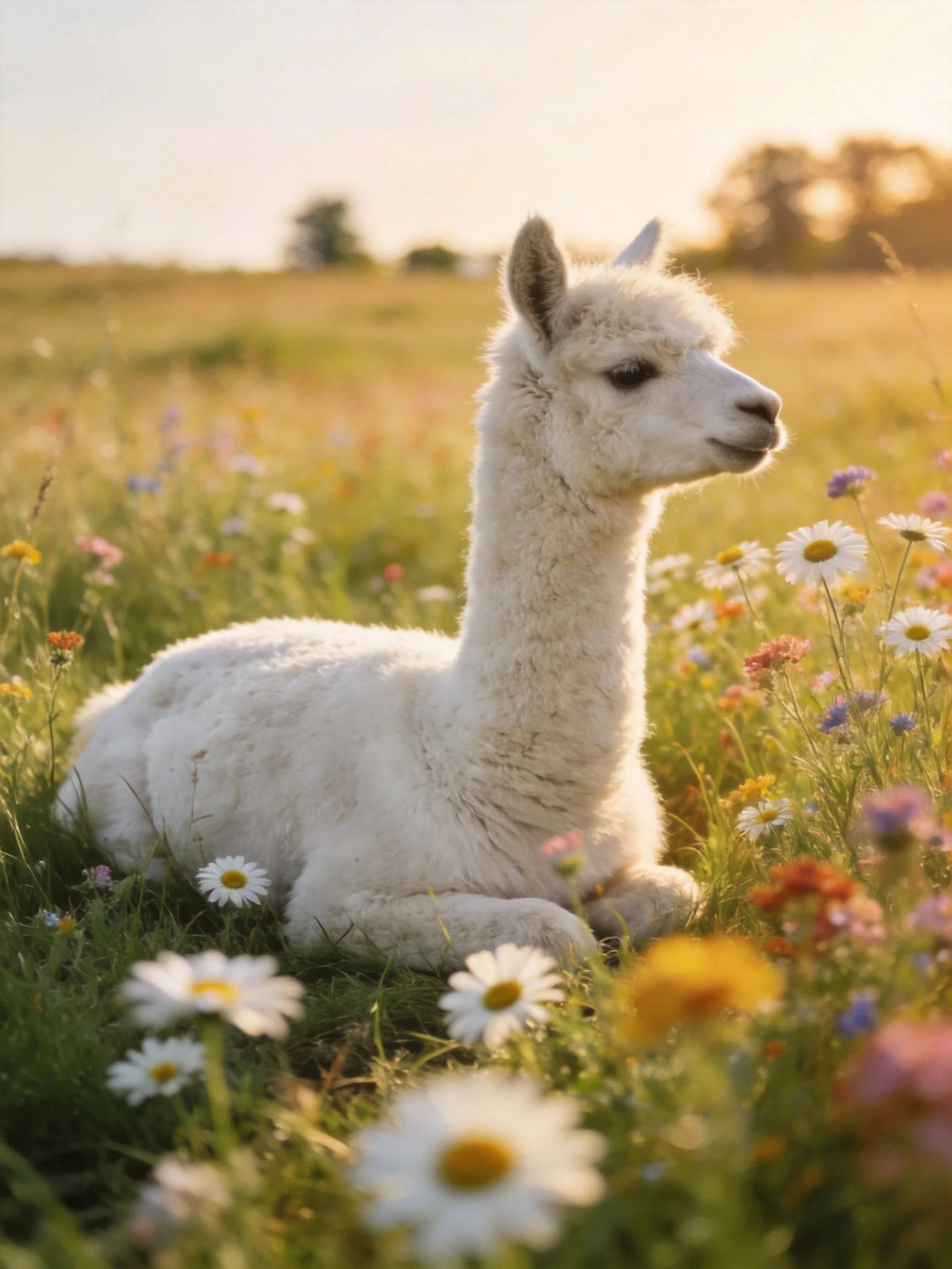 A white alpaca rests among colorful wildflowers in a sunlit meadow