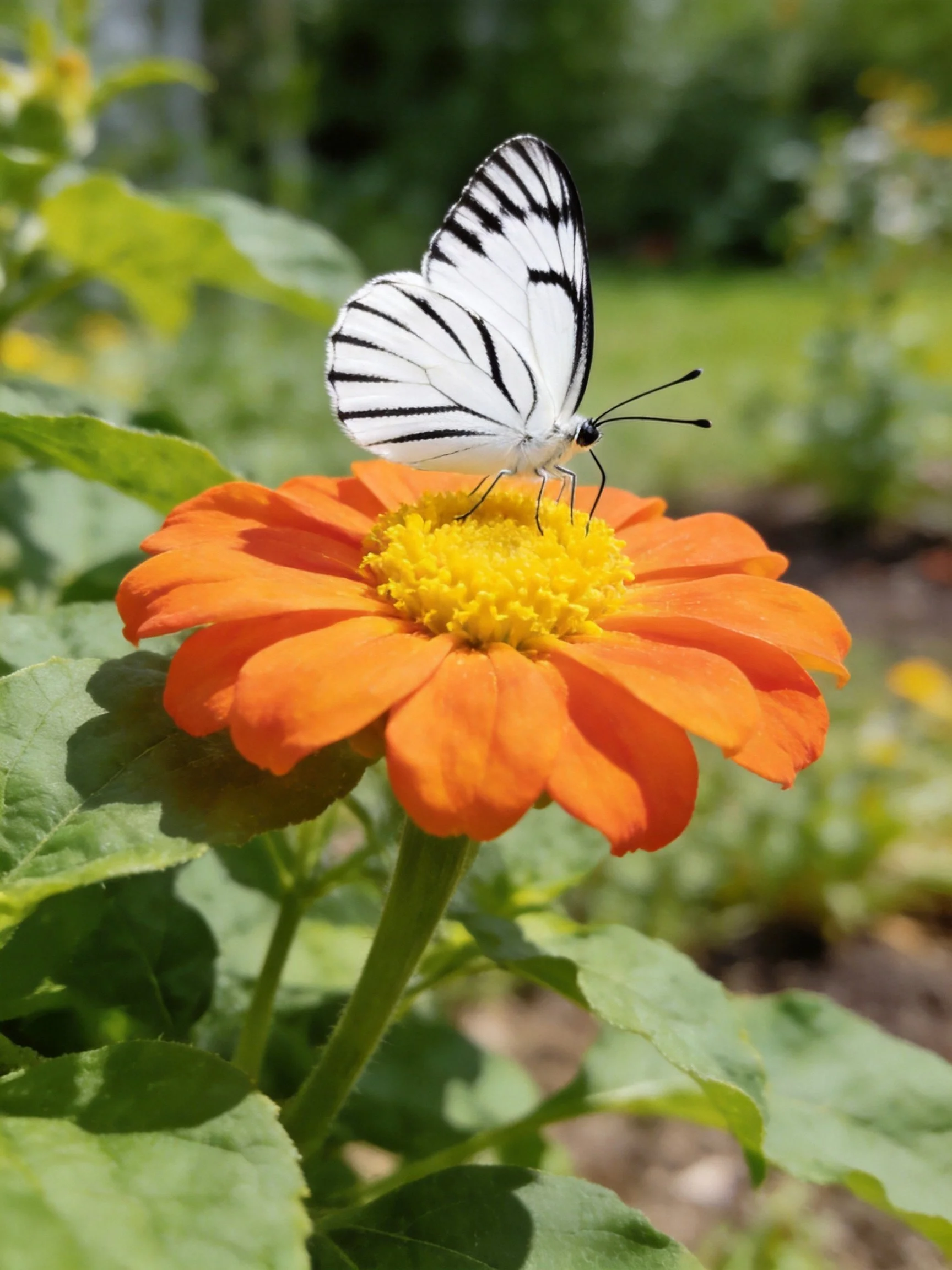 A white and black striped butterfly on a bright orange flower