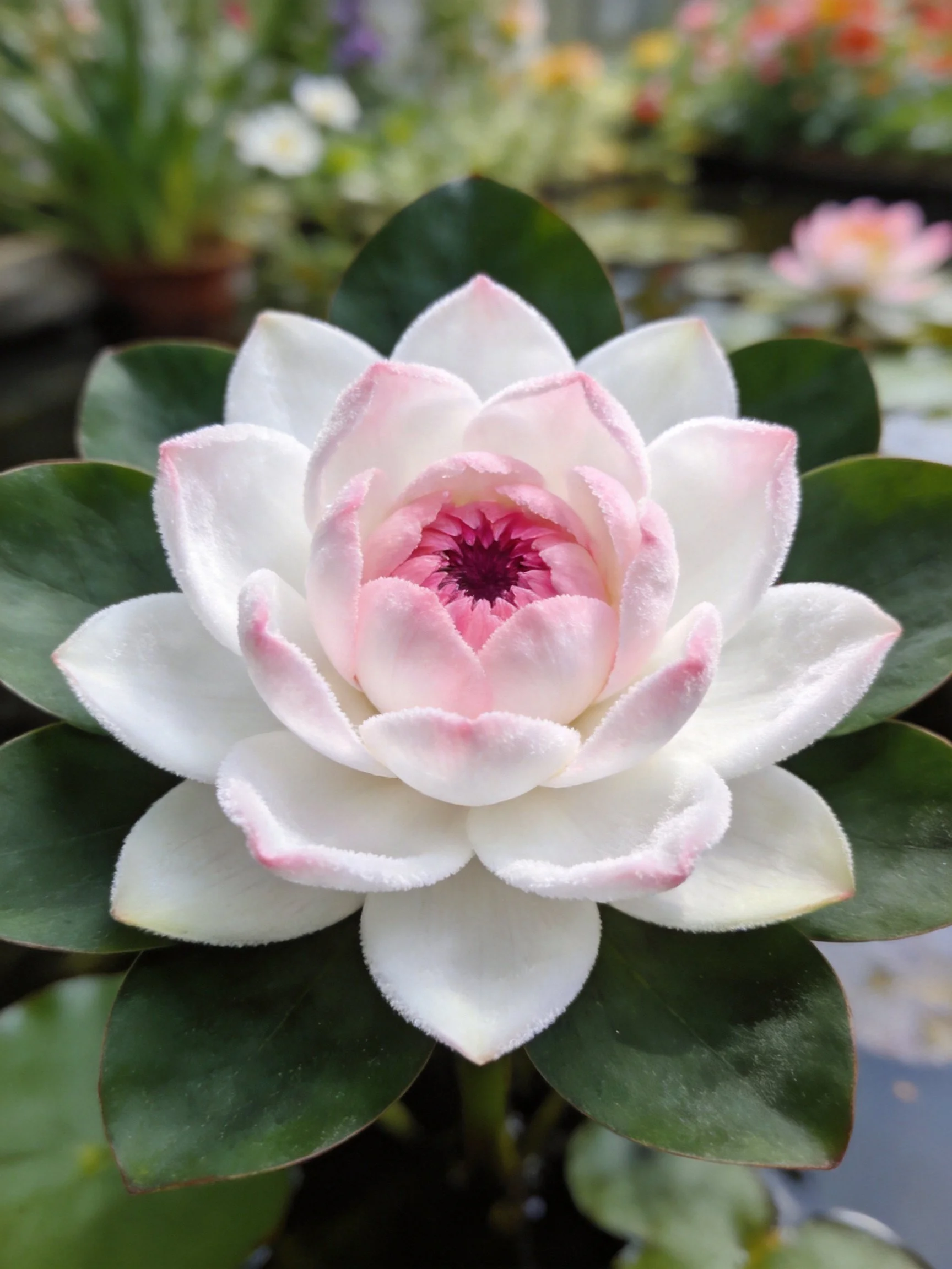 A white and pink water lily with broad green leaves