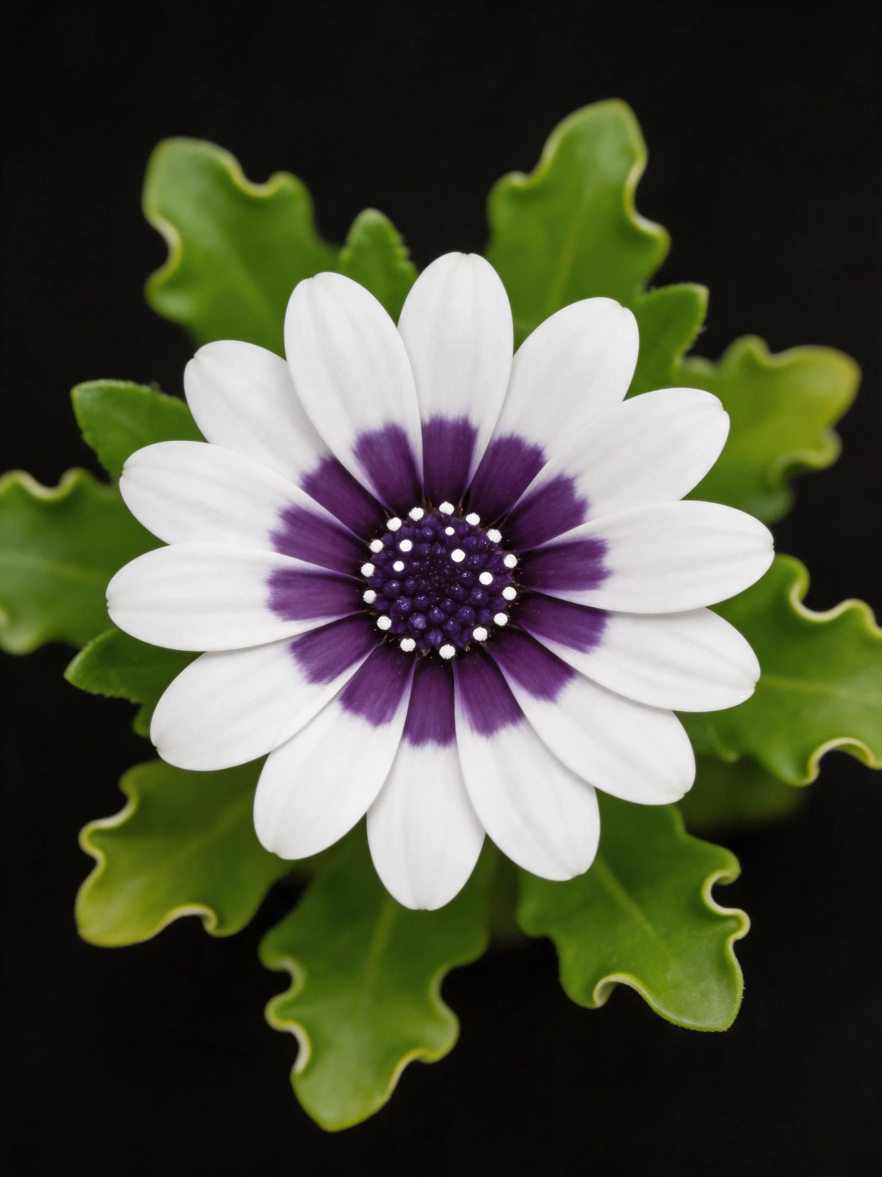 A white and purple daisy with wavy green leaves against a black background