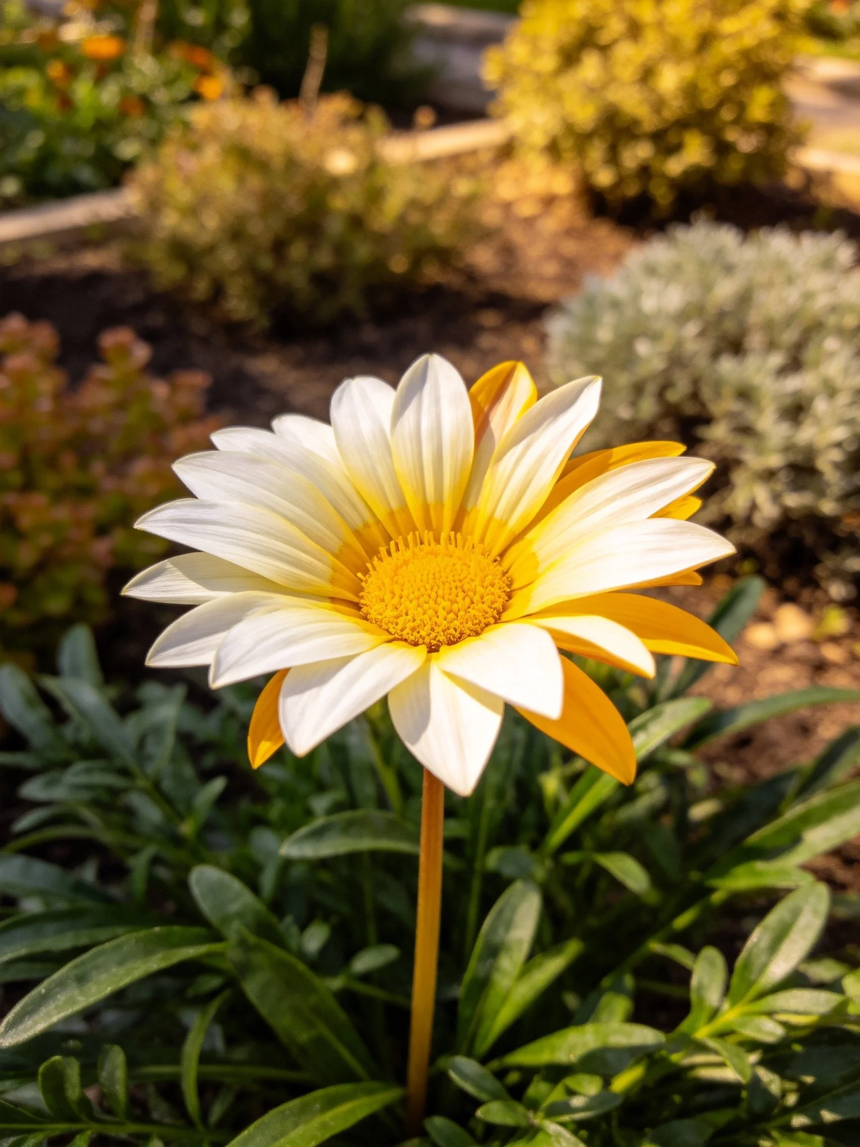 A white and yellow daisy blooms amid lush greenery in a sunlit garden