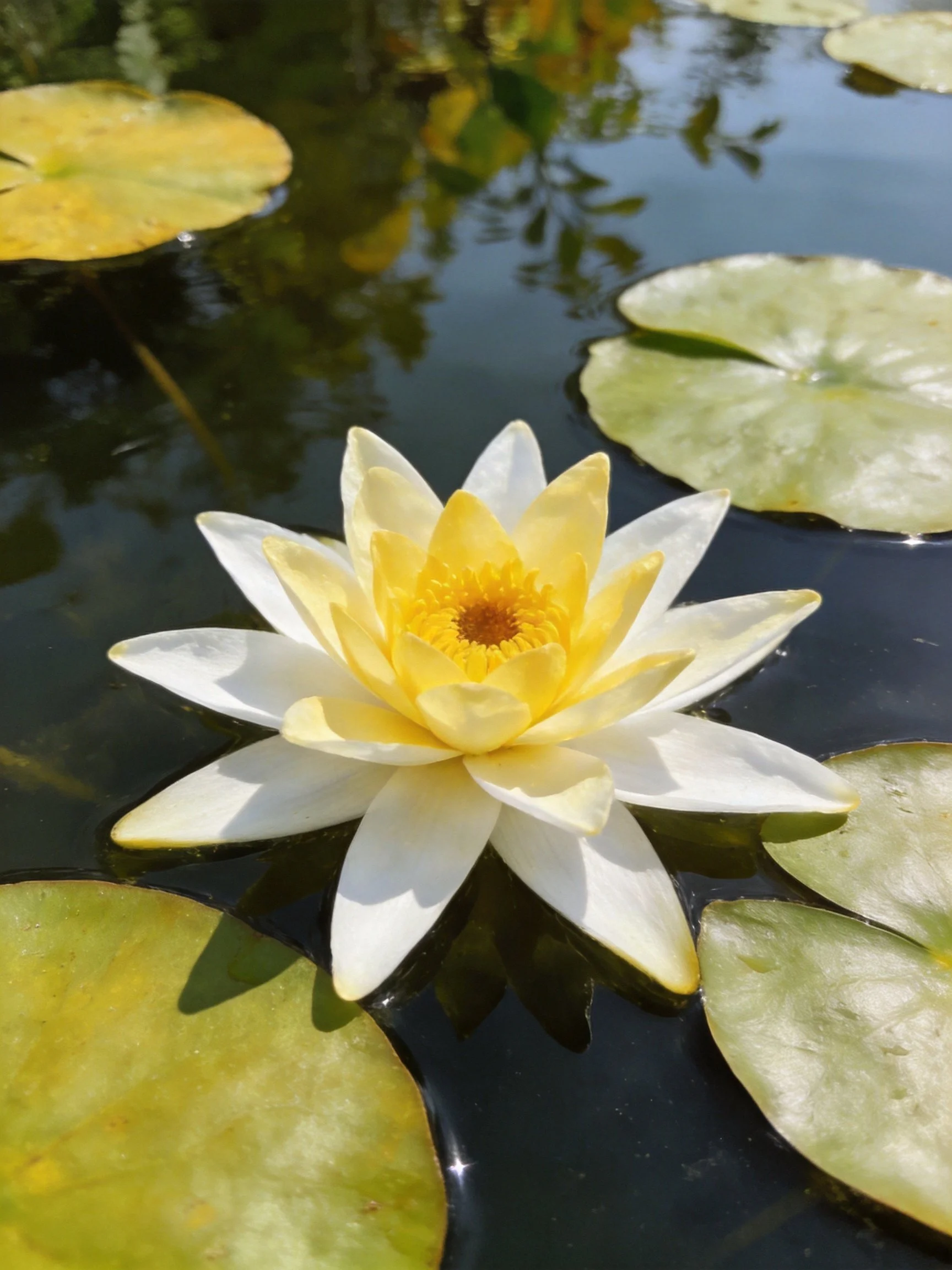 A white and yellow water lily floats amid green lily pads