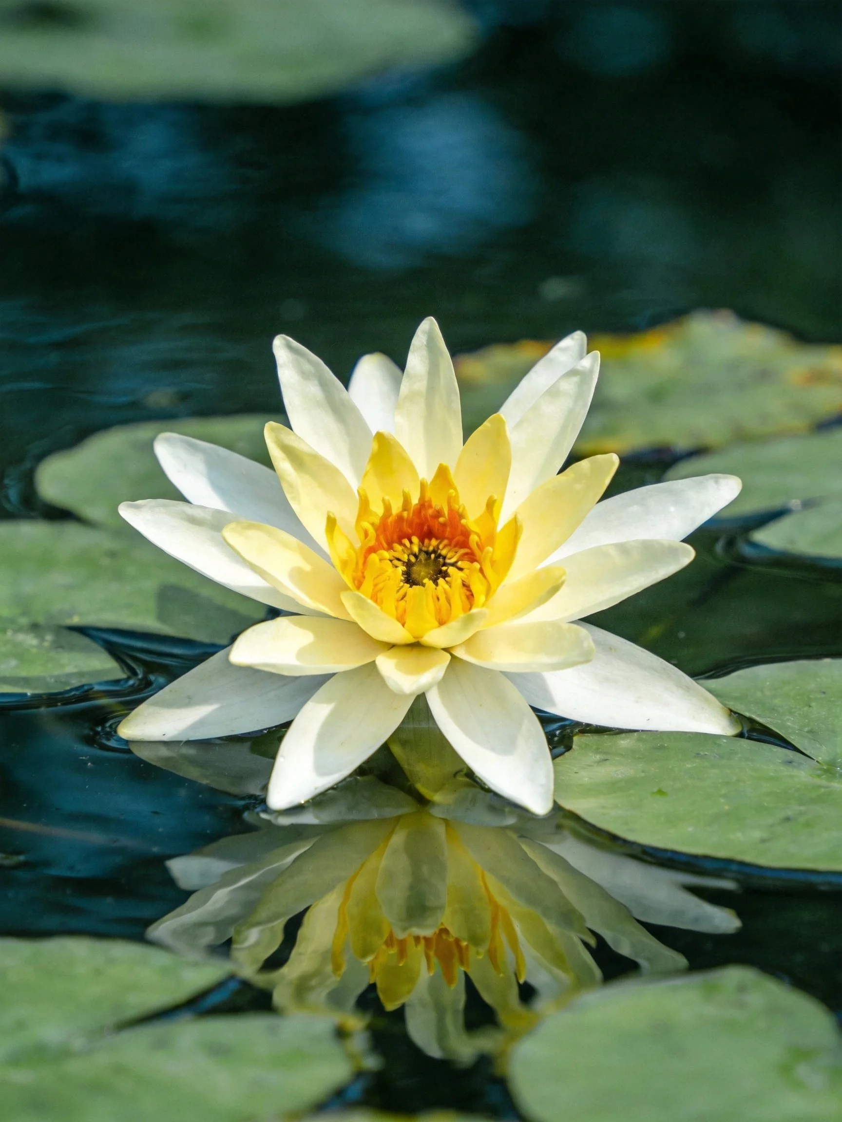 A white and yellow water lily floats amid green lily pads in dark water