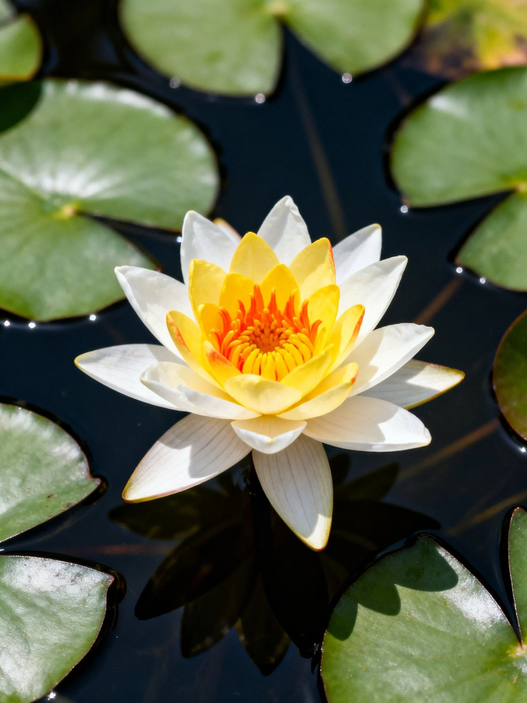 A white and yellow water lily surrounded by green lily pads in dark water