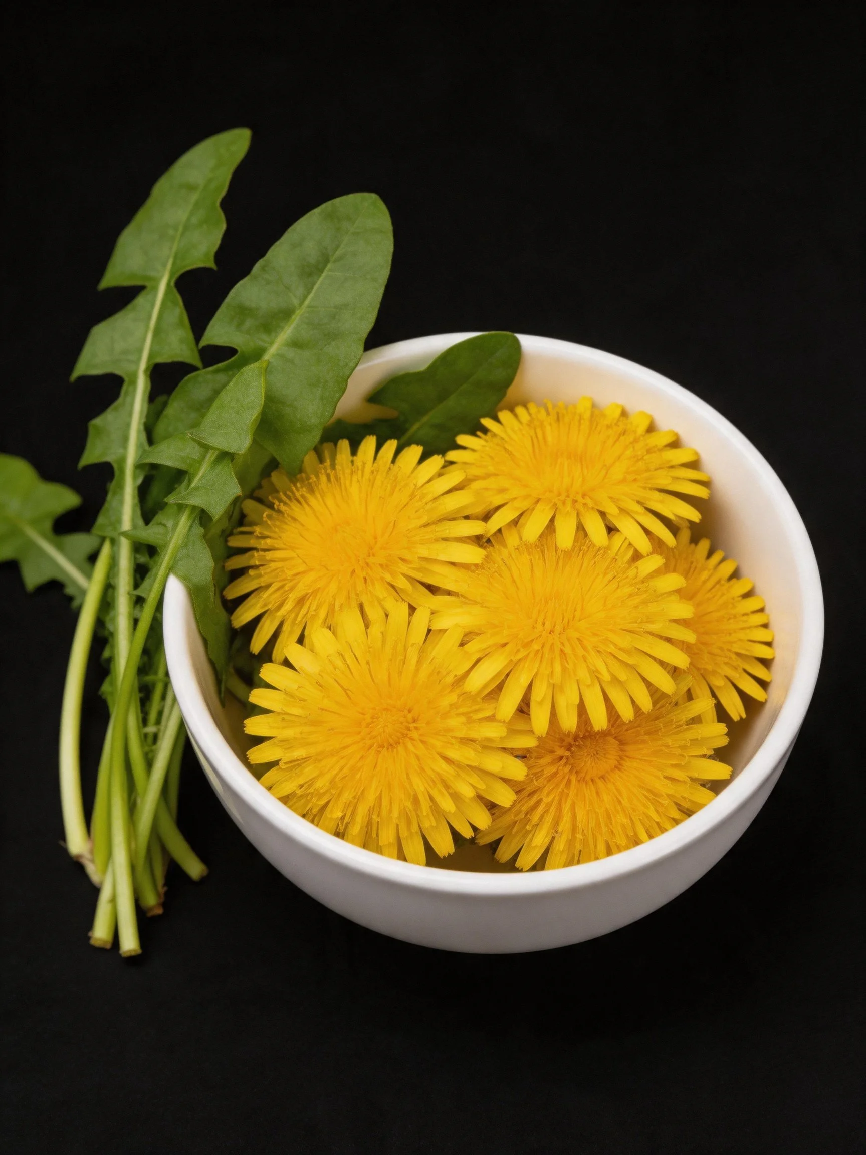 A white bowl holds bright yellow dandelions with green leaves