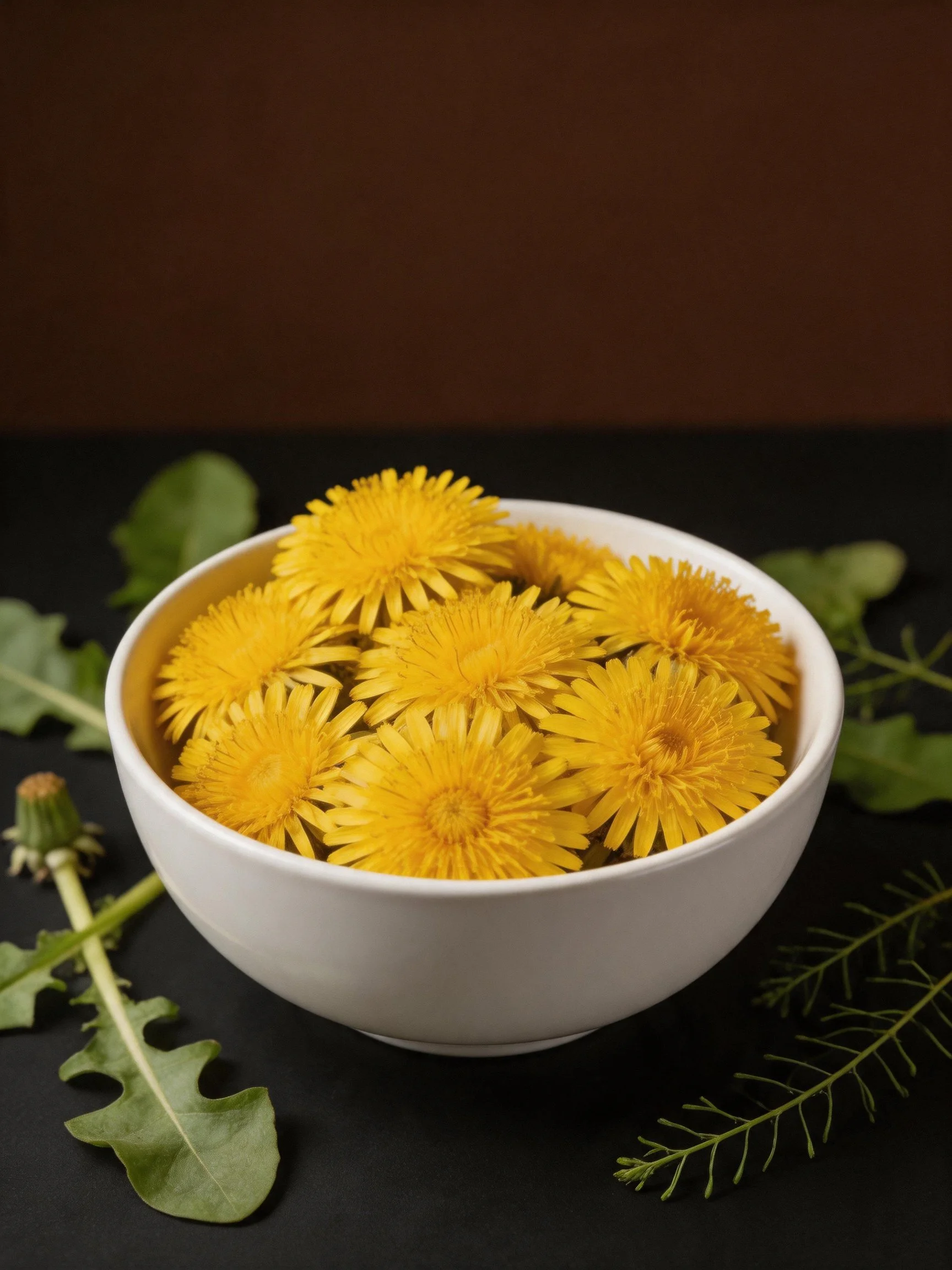 A white bowl holds bright yellow dandelions with green leaves.