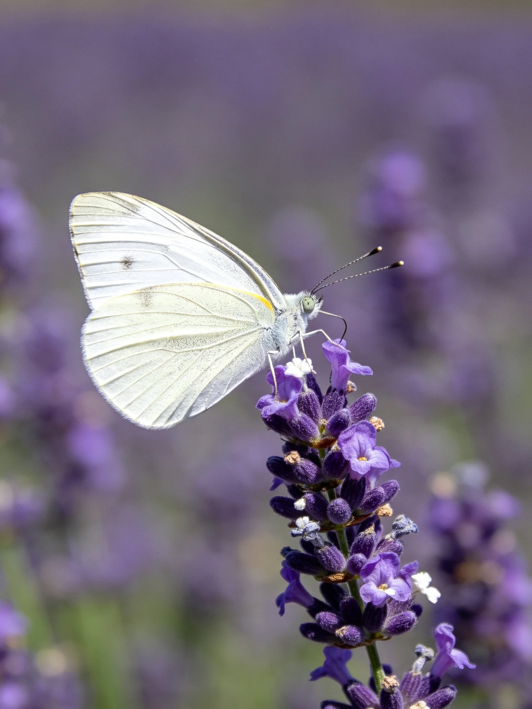 A white butterfly perched on vibrant purple lavender blooms