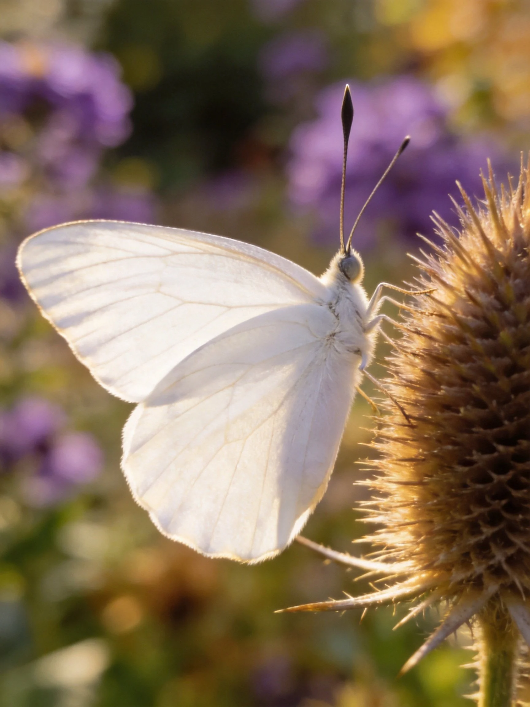 A white butterfly rests on a spiky brown flower head