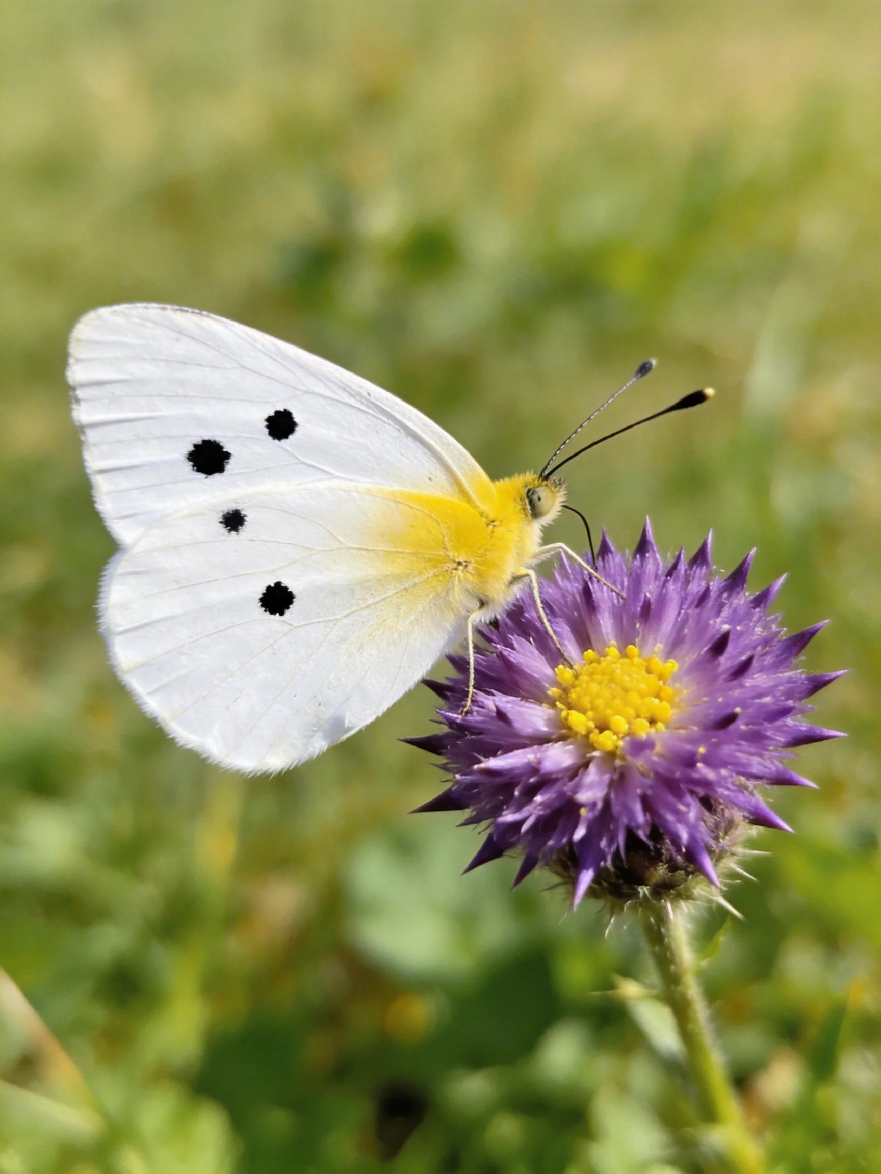 A white butterfly with black spots perches on a vibrant purple flower