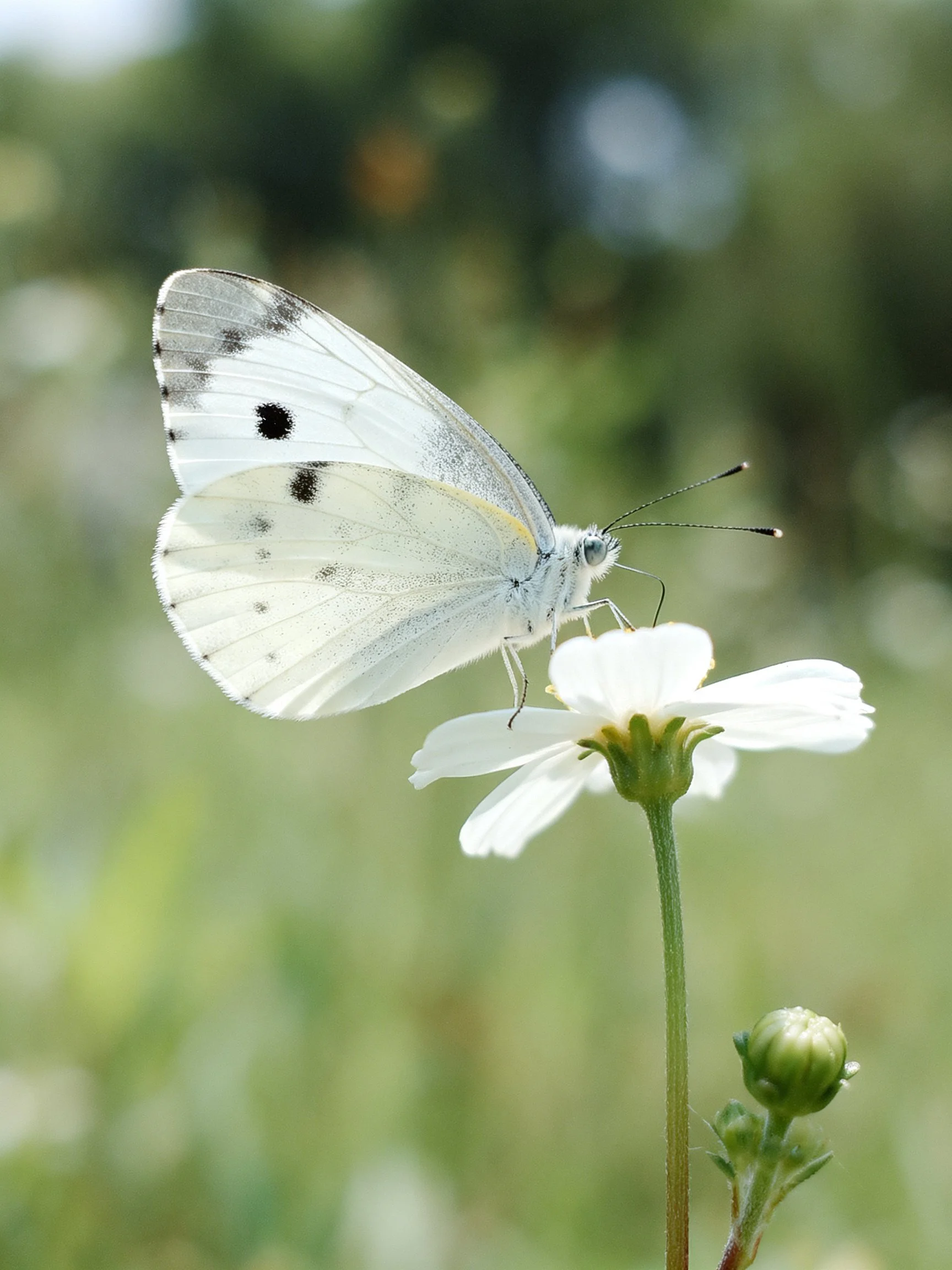 A white butterfly with black-spotted wings rests on a small white flower