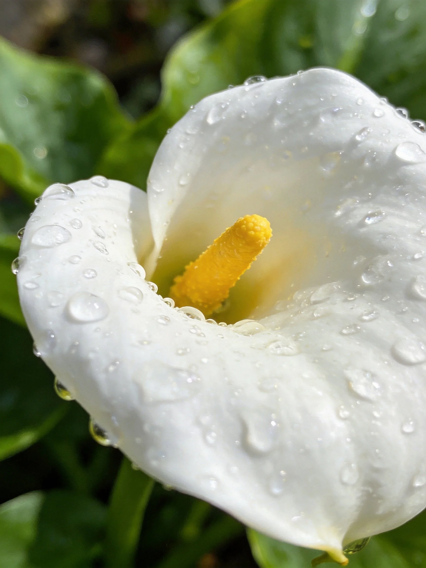 A white calla lily covered in water droplets with a yellow spadix