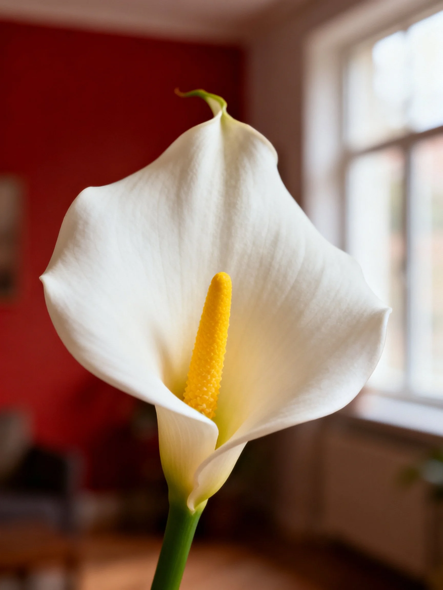 A white calla lily with a vibrant yellow spadix in a softly lit interior