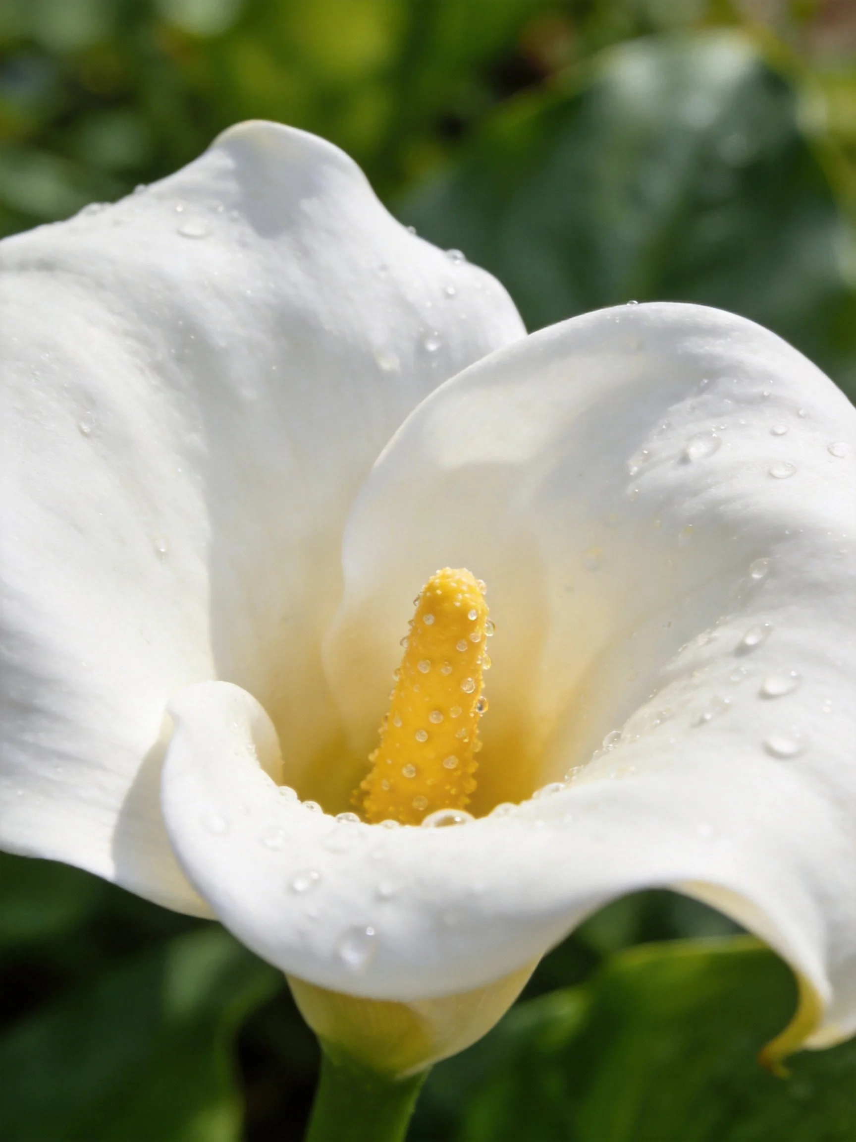 A white calla lily with water droplets and a yellow central