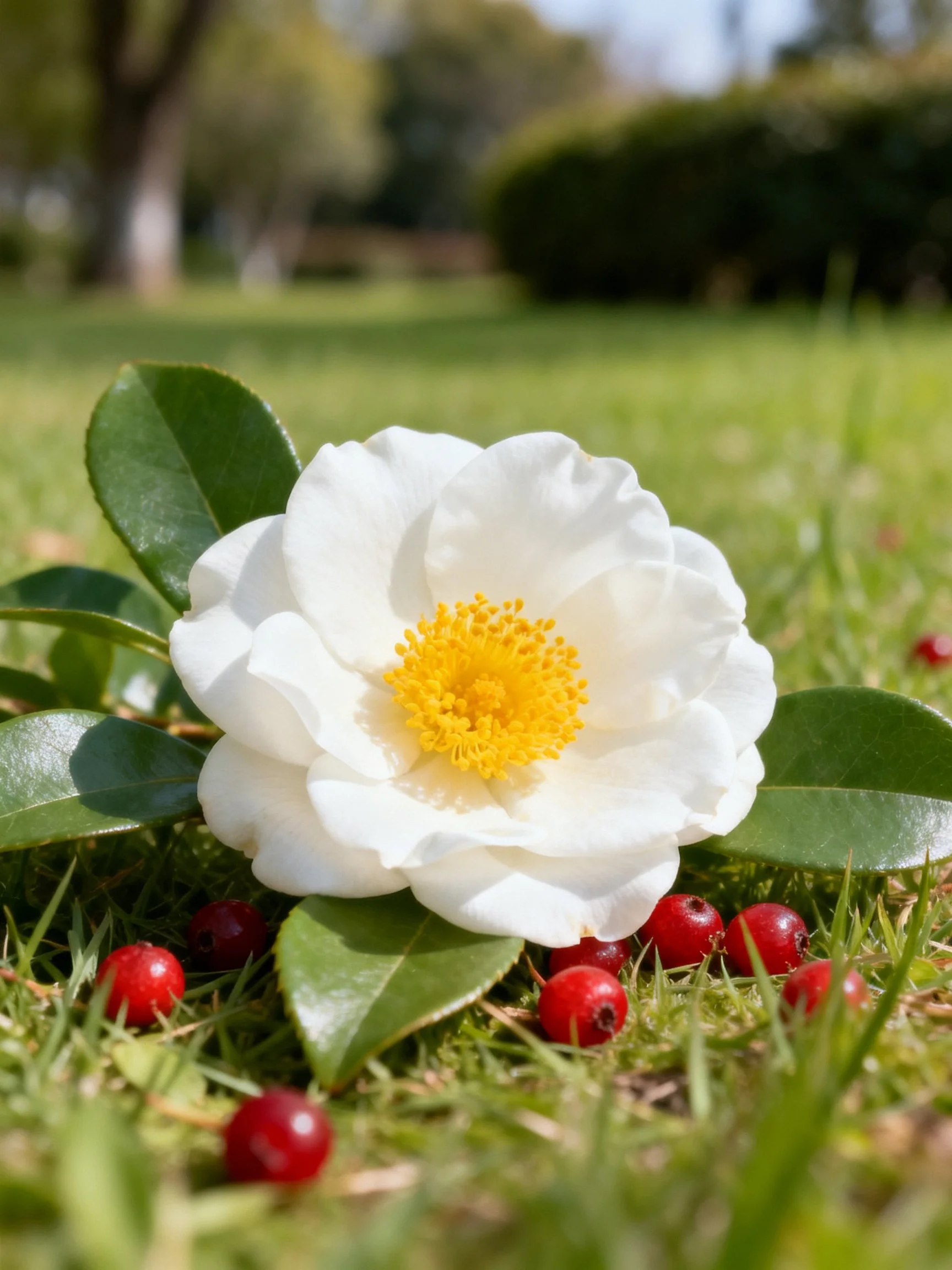 A white camellia flower with red berries on green grass